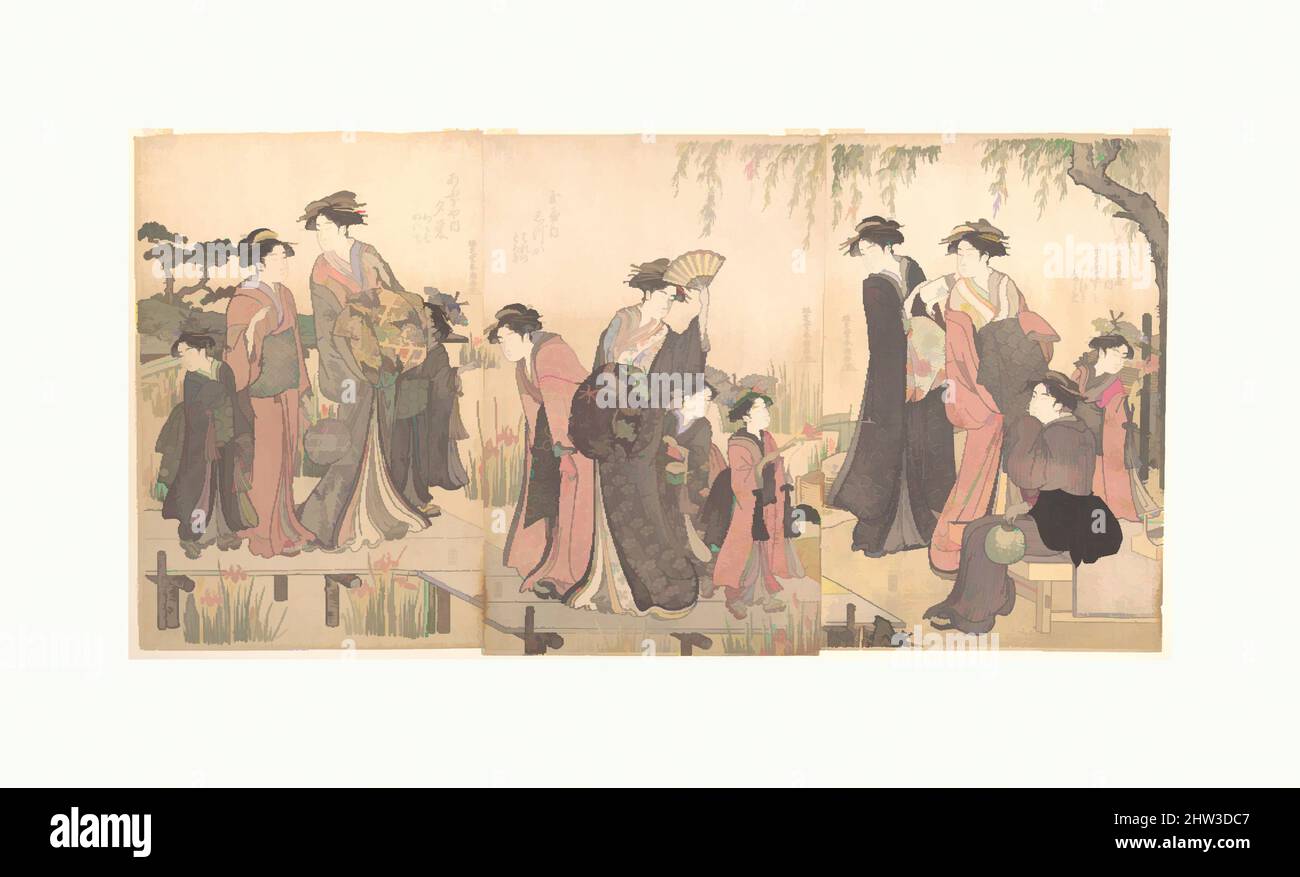 Art inspired by Courtesans in an Iris Garden, Edo period (1615–1868), late 18th century, Japan, Triptych of polychrome woodblock prints; ink and color on paper, Image (each): 15 × 10 in. (38.1 × 25.4 cm), Prints, Katsukawa Shunchō (Japanese, active ca. 1783–95), This triptych recalls, Classic works modernized by Artotop with a splash of modernity. Shapes, color and value, eye-catching visual impact on art. Emotions through freedom of artworks in a contemporary way. A timeless message pursuing a wildly creative new direction. Artists turning to the digital medium and creating the Artotop NFT Stock Photo