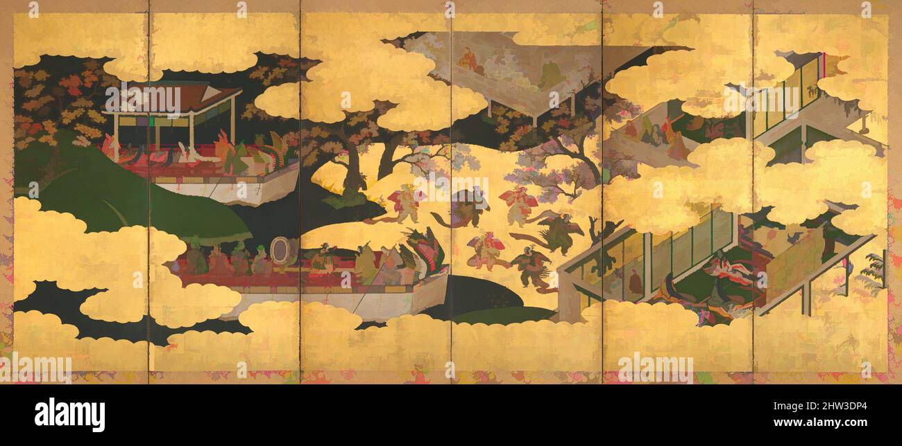 Art inspired by 源氏物語図屏風 (胡蝶), “Butterflies” (“Kochō”), Chapter 24 from The Tale of Genji (Genji monogatari), Momoyama period (1573–1615), Japan, Six-panel folding screen; ink, color, gold, and gold leaf on paper, 65 in. × 12 ft. 3/4 in. (165.1 × 367.7 cm), Screens, Events from two, Classic works modernized by Artotop with a splash of modernity. Shapes, color and value, eye-catching visual impact on art. Emotions through freedom of artworks in a contemporary way. A timeless message pursuing a wildly creative new direction. Artists turning to the digital medium and creating the Artotop NFT Stock Photo