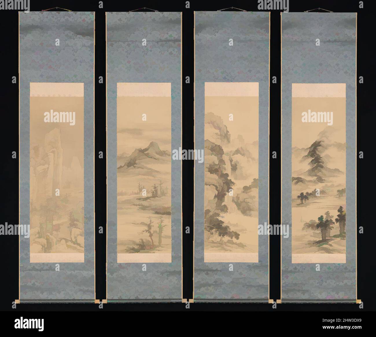 Art inspired by 四季山水図, Landscapes of the Four Seasons, Edo period (1615–1868), 1848, Japan, Set of four hanging scrolls; ink and color on silk, Image (a): 40 3/8 × 13 7/8 in. (102.6 × 35.2 cm), Paintings, Yamamoto Baiitsu (Japanese, 1783–1856), These sensitively rendered ink paintings, Classic works modernized by Artotop with a splash of modernity. Shapes, color and value, eye-catching visual impact on art. Emotions through freedom of artworks in a contemporary way. A timeless message pursuing a wildly creative new direction. Artists turning to the digital medium and creating the Artotop NFT Stock Photo