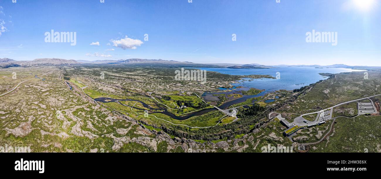 Thingvellir national park, Iceland's parliament, the Thingvellir Church and the ruins of old stone shelters, hikes and lake in the golden circule Stock Photo