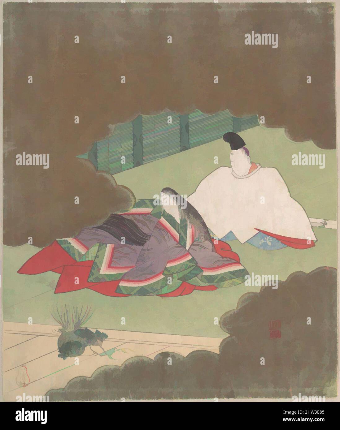 Art inspired by Man and Woman in Court Dress Looking at Young Pines for New Year Ceremony, Edo period (1615–1868), 19th century, Japan, Polychrome woodblock print (surimono); ink and color on paper, 8 1/2 x 7 3/16 in. (21.6 x 18.3 cm), Prints, Nagayama Koin (Hirotora) (Japanese, 1765–, Classic works modernized by Artotop with a splash of modernity. Shapes, color and value, eye-catching visual impact on art. Emotions through freedom of artworks in a contemporary way. A timeless message pursuing a wildly creative new direction. Artists turning to the digital medium and creating the Artotop NFT Stock Photo