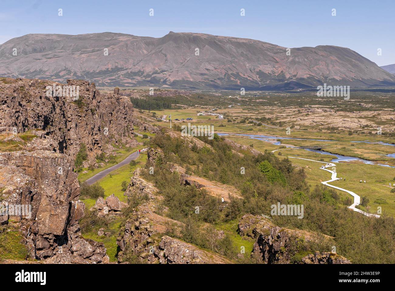 Thingvellir national park, Iceland's parliament, the Thingvellir Church and the ruins of old stone shelters, hikes and lake in the golden circule Stock Photo