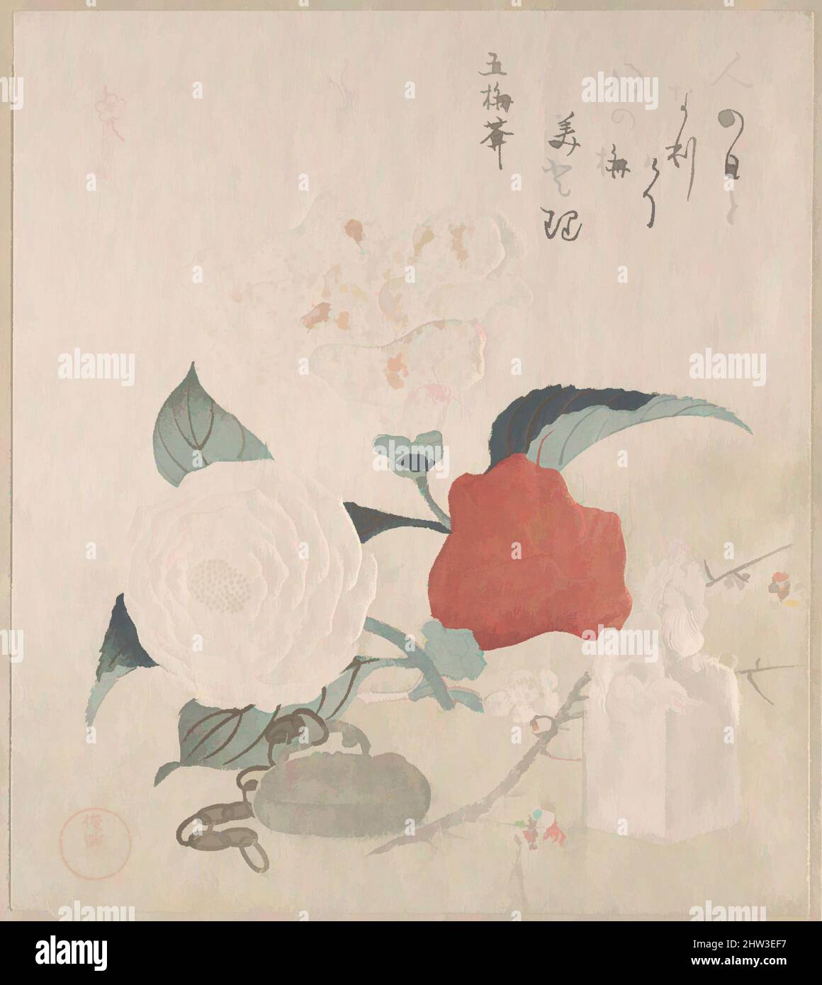 Art inspired by Camellia Flowers, a Netsuke and a Seal, 19th century, Japan, Part of an album of woodblock prints (surimono); ink and color on paper, 8 3/8 x 7 3/8 in. (21.3 x 18.7 cm), Prints, Kubo Shunman (Japanese, 1757–1820, Classic works modernized by Artotop with a splash of modernity. Shapes, color and value, eye-catching visual impact on art. Emotions through freedom of artworks in a contemporary way. A timeless message pursuing a wildly creative new direction. Artists turning to the digital medium and creating the Artotop NFT Stock Photo