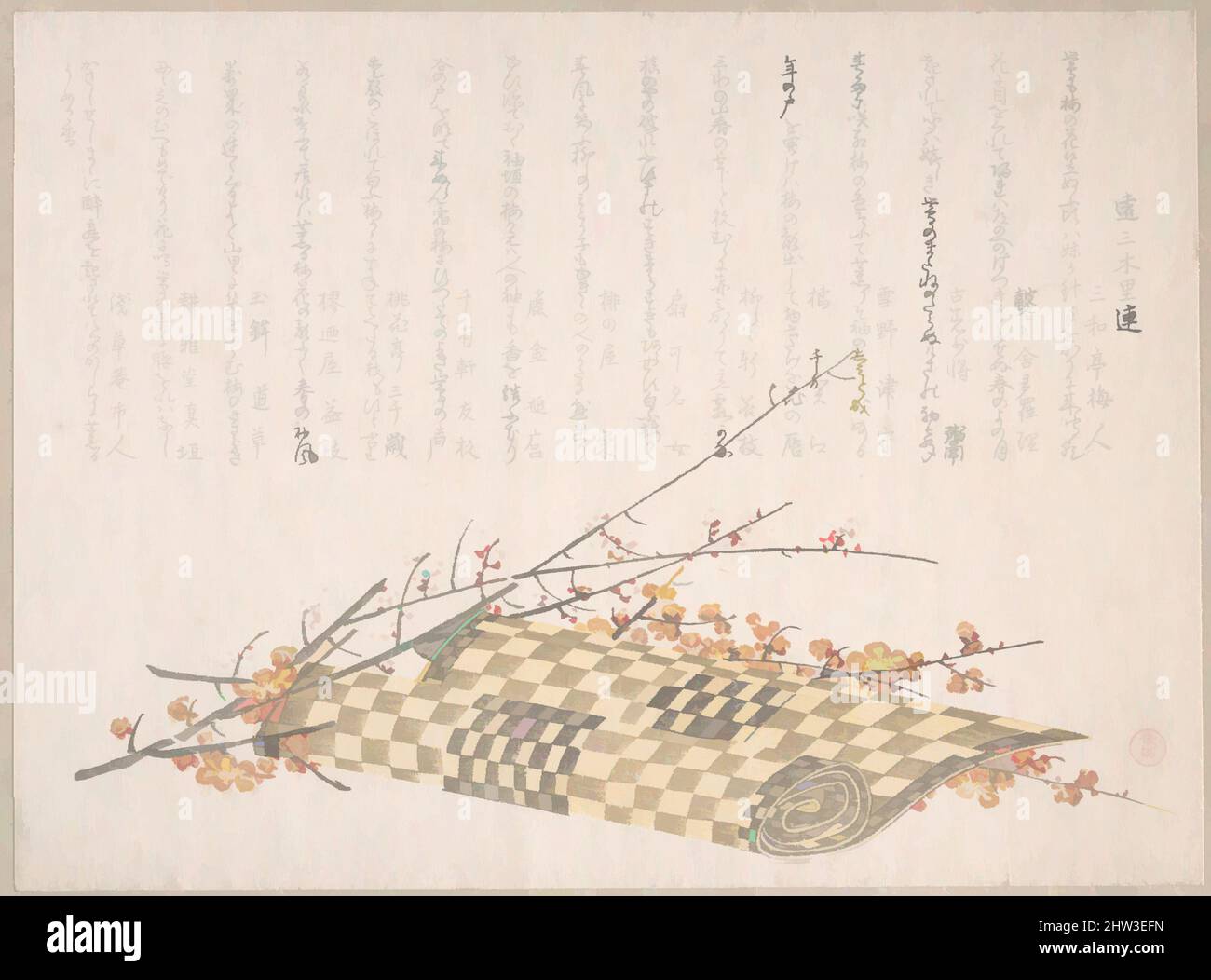 Art inspired by Plum Branches with Flowers and a Rolled Mat, 19th century, Japan, Part of an album of woodblock prints (surimono); ink and color on paper, 6 1/8 x 11 in. (15.6 x 27.9 cm), Prints, Kubo Shunman (Japanese, 1757–1820, Classic works modernized by Artotop with a splash of modernity. Shapes, color and value, eye-catching visual impact on art. Emotions through freedom of artworks in a contemporary way. A timeless message pursuing a wildly creative new direction. Artists turning to the digital medium and creating the Artotop NFT Stock Photo