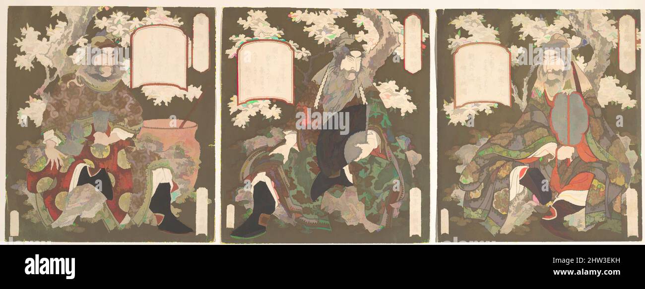 Art inspired by The Three Heroes of Shoku (Shu): Emperor Ryubi (Liu Fei) and His Friends Kwan-u (Kwan Yu) and Chohi (Chang Fei), Edo period (1615–1868), first half of the 19th century, Japan, Triptych of polychrome woodblock prints(surimono); gold, copper and silver on paper, Each, Classic works modernized by Artotop with a splash of modernity. Shapes, color and value, eye-catching visual impact on art. Emotions through freedom of artworks in a contemporary way. A timeless message pursuing a wildly creative new direction. Artists turning to the digital medium and creating the Artotop NFT Stock Photo