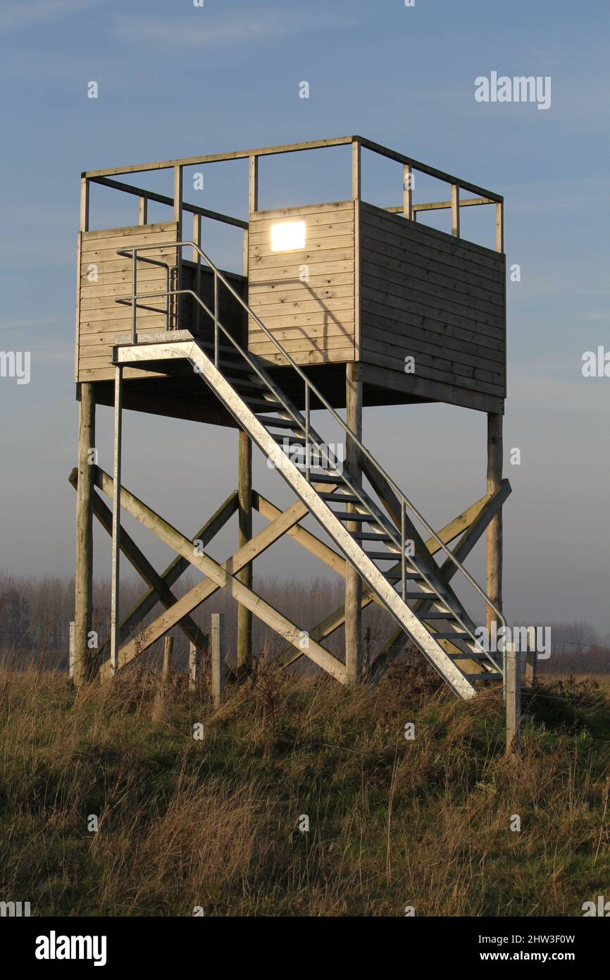 a big wooden watchtower with metal stairs stands in a nature reserve ...