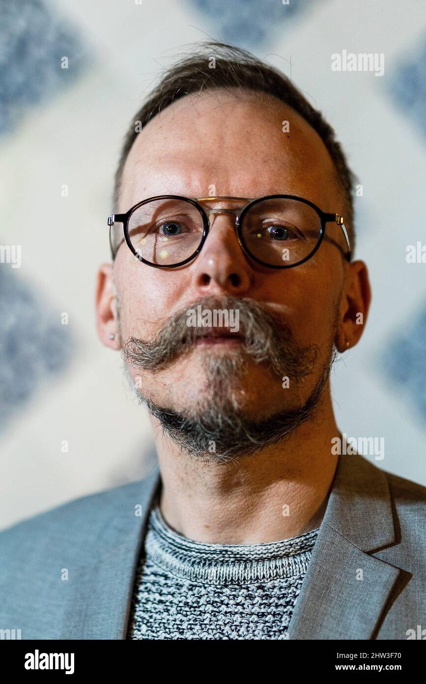 Berlin, Germany. 03rd Mar, 2022. Dietmar Dath, author of the book 'Gentzen oder: Betrunken aufräumen: Ein Kalkülroman' and nominee for the Leipzig Book Prize 2022, at the event to present his book at the Literarisches Colloquium Berlin. The 2022 Leipzig Book Fair Prize will be awarded on March 17. Credit: Carsten Koall/dpa/Alamy Live News Stock Photo
