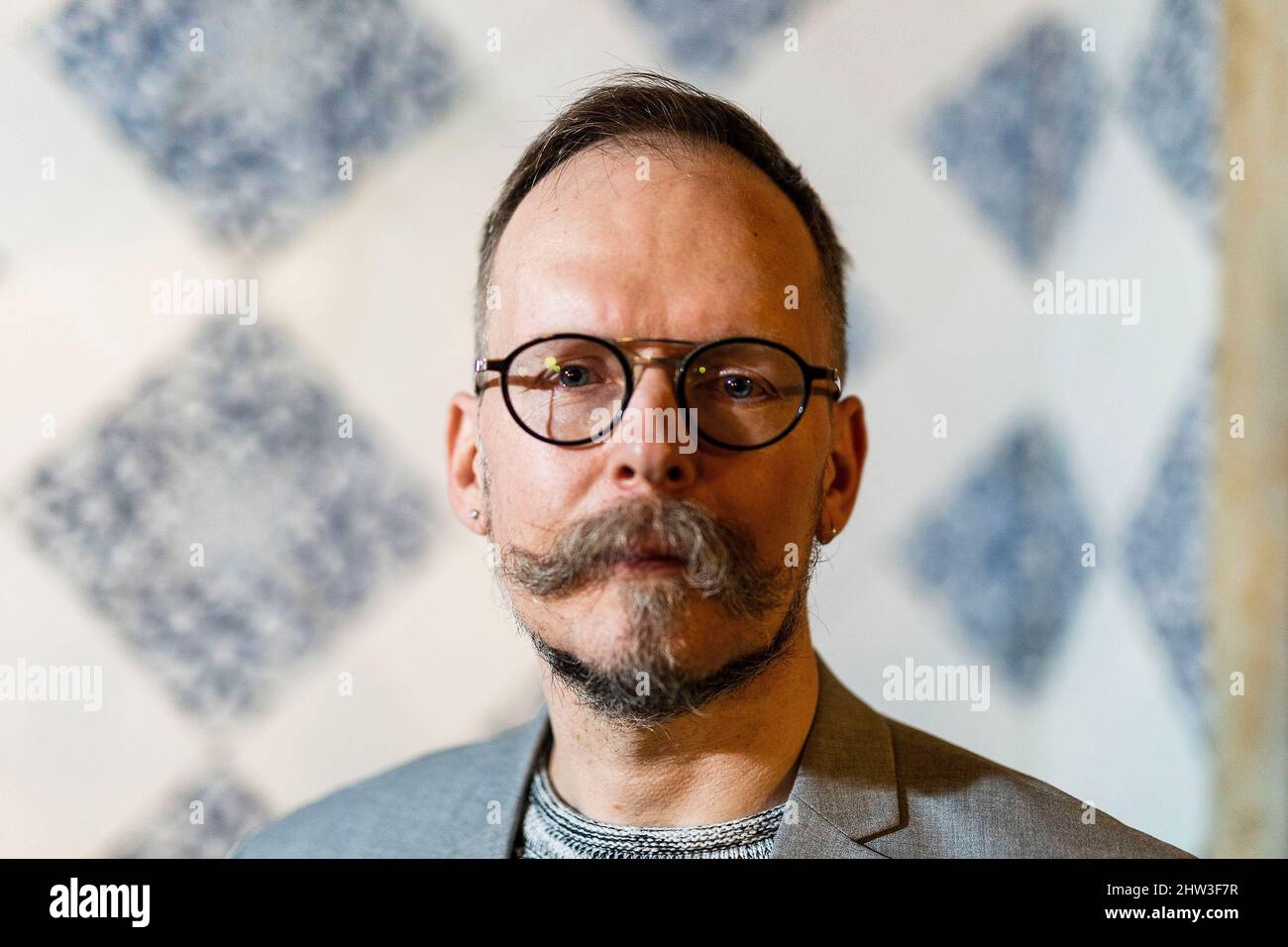 Berlin, Germany. 03rd Mar, 2022. Dietmar Dath, author of the book 'Gentzen oder: Betrunken aufräumen: Ein Kalkülroman' and nominee for the Leipzig Book Prize 2022, at the event to present his book at the Literarisches Colloquium Berlin. The 2022 Leipzig Book Fair Prize will be awarded on March 17. Credit: Carsten Koall/dpa/Alamy Live News Stock Photo