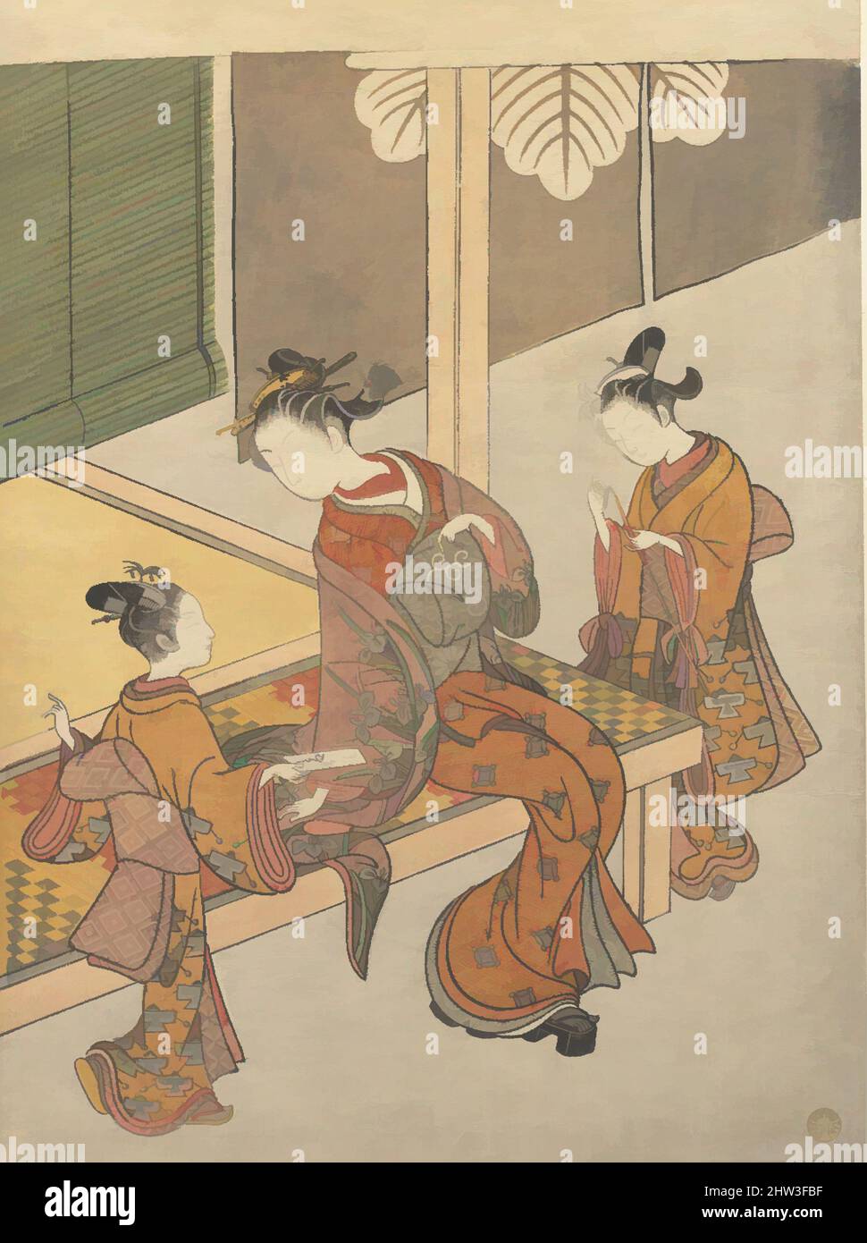 Art inspired by On the Engawa of Tsuta-ya, Edo period (1615–1868), ca. 1765, Japan, Polychrome woodblock print; ink and color on paper, H. 11 3/16 in. (28.4 cm); W. 8 3/8 in. (21.3 cm), Prints, Suzuki Harunobu (Japanese, 1725–1770, Classic works modernized by Artotop with a splash of modernity. Shapes, color and value, eye-catching visual impact on art. Emotions through freedom of artworks in a contemporary way. A timeless message pursuing a wildly creative new direction. Artists turning to the digital medium and creating the Artotop NFT Stock Photo