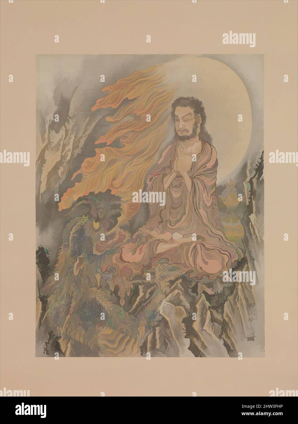 Art inspired by Shakyamuni Conquering the Demons (Shaka Gōma-zu), Meiji period (1868–1912), ca. 1888, Japan, Album leaf mounted as a hanging scroll; ink and color on silk, 14 1/2 x 11 in. (36.8 x 27.9 cm), Paintings, Kawanabe Kyōsai (Japanese, 1831–1889), This scene probably depicts an, Classic works modernized by Artotop with a splash of modernity. Shapes, color and value, eye-catching visual impact on art. Emotions through freedom of artworks in a contemporary way. A timeless message pursuing a wildly creative new direction. Artists turning to the digital medium and creating the Artotop NFT Stock Photo