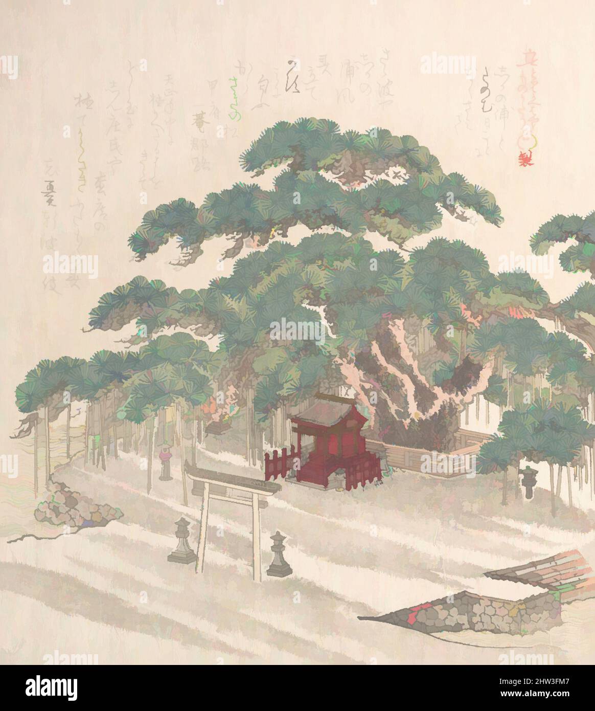 Art inspired by Shrine Under a Big Pine Tree, Edo period (1615–1868), 19th century, Japan, Polychrome woodblock print (surimono); ink and color on paper, 8 x 7 1/4 in. (20.3 x 18.4 cm), Prints, Kubo Shunman (Japanese, 1757–1820, Classic works modernized by Artotop with a splash of modernity. Shapes, color and value, eye-catching visual impact on art. Emotions through freedom of artworks in a contemporary way. A timeless message pursuing a wildly creative new direction. Artists turning to the digital medium and creating the Artotop NFT Stock Photo