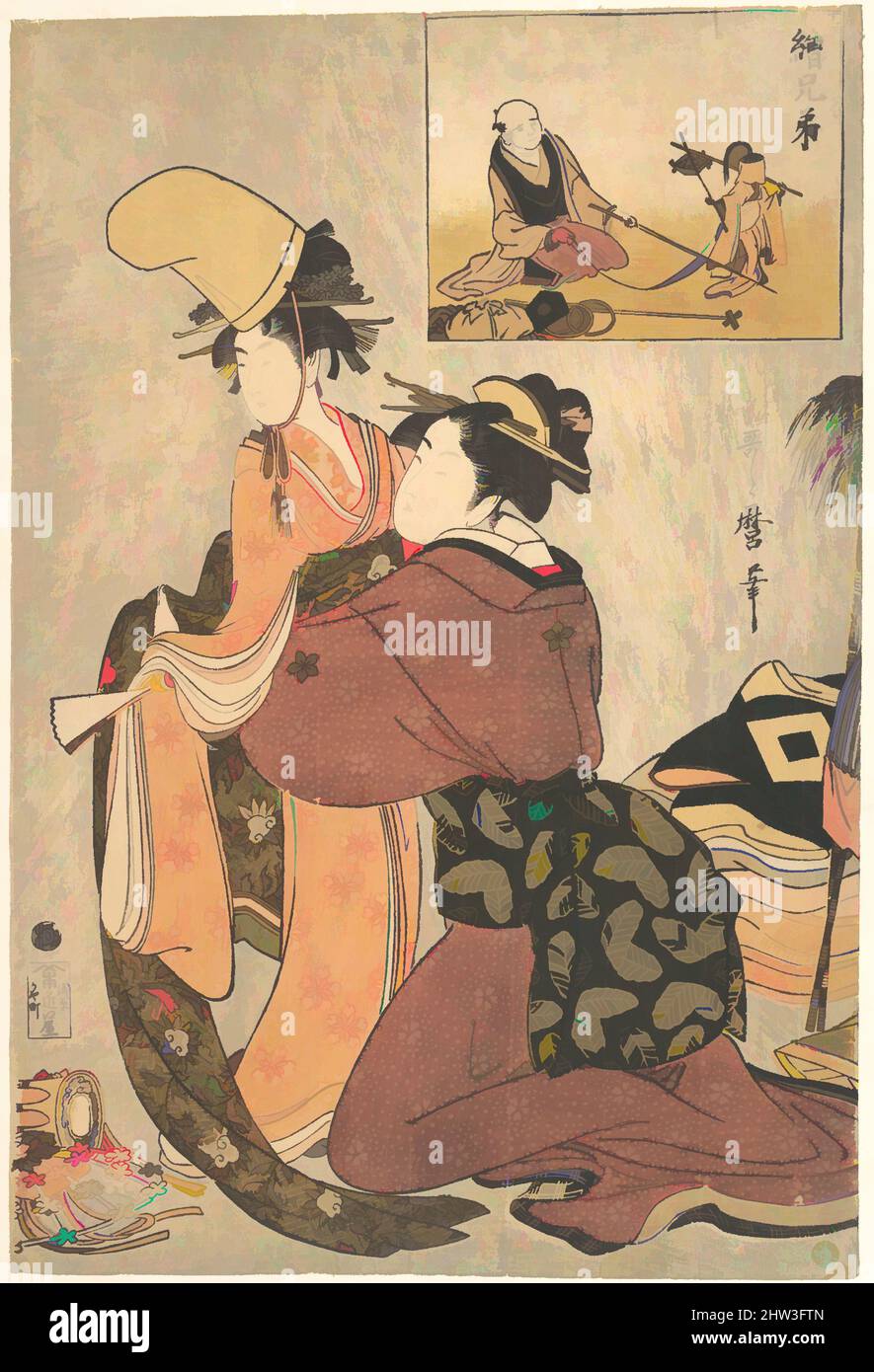 Art inspired by 絵兄弟, A Woman Dressing a Girl for a Kabuki Dance (E-kyodai), Edo period (1615–1868), 1790s, Japan, Polychrome woodblock print; ink and color on paper, H. 15 1/4 in. (38.7 cm); W. 10 1/8 in. (25.7 cm), Prints, Kitagawa Utamaro (Japanese, 1753?–1806), The Ukiyo-e artist, Classic works modernized by Artotop with a splash of modernity. Shapes, color and value, eye-catching visual impact on art. Emotions through freedom of artworks in a contemporary way. A timeless message pursuing a wildly creative new direction. Artists turning to the digital medium and creating the Artotop NFT Stock Photo