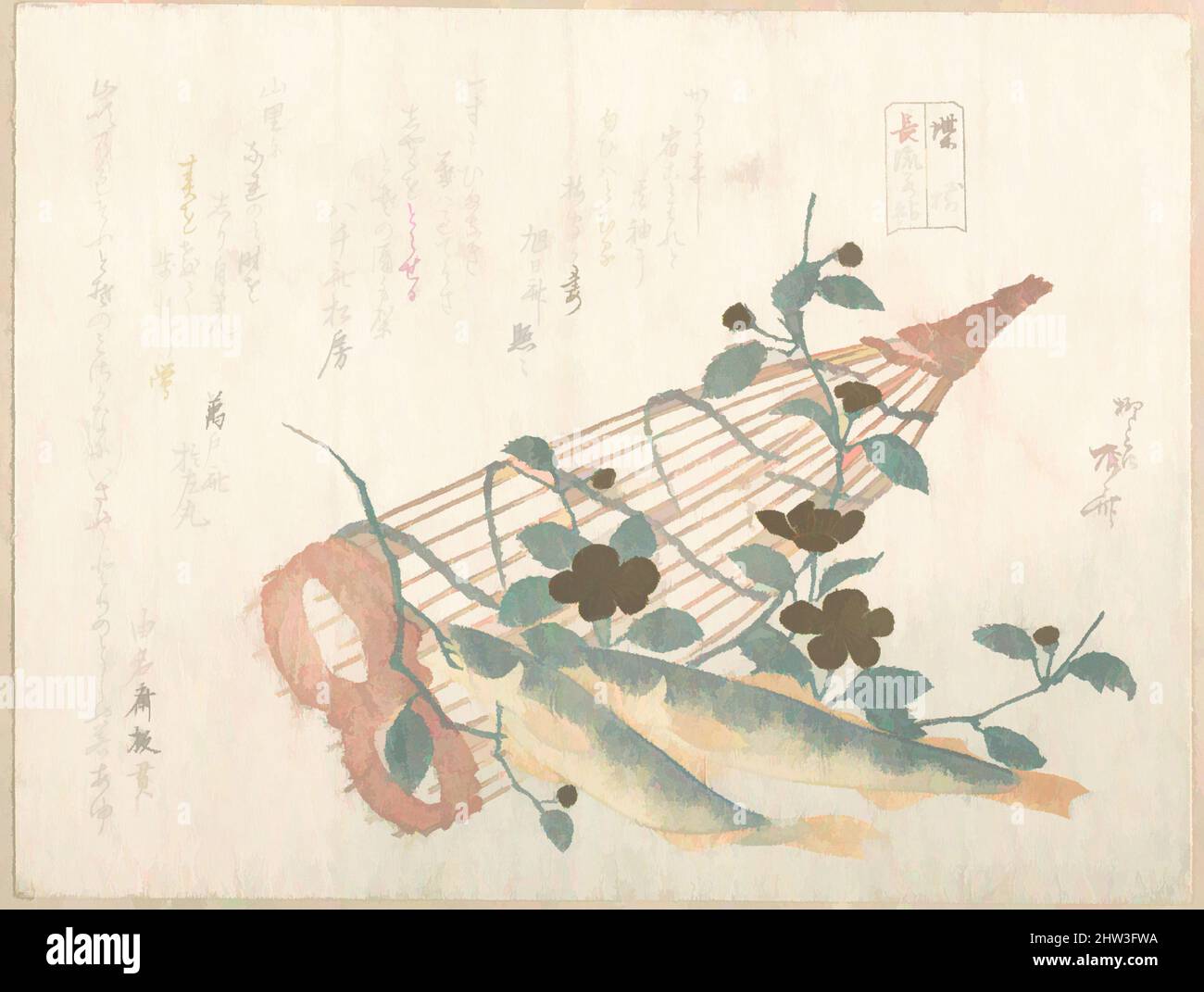 Art inspired by Sweet Fishes of the Nagara River, with Baskets and Flowers, Edo period (1615–1868), 19th century, Japan, Polychrome woodblock print (surimono); ink and color on paper, 5 11/16 x 7 1/2 in. (14.4 x 19.1 cm), Prints, Ryūryūkyo Shinsai (Japanese, active ca. 1799–1823, Classic works modernized by Artotop with a splash of modernity. Shapes, color and value, eye-catching visual impact on art. Emotions through freedom of artworks in a contemporary way. A timeless message pursuing a wildly creative new direction. Artists turning to the digital medium and creating the Artotop NFT Stock Photo