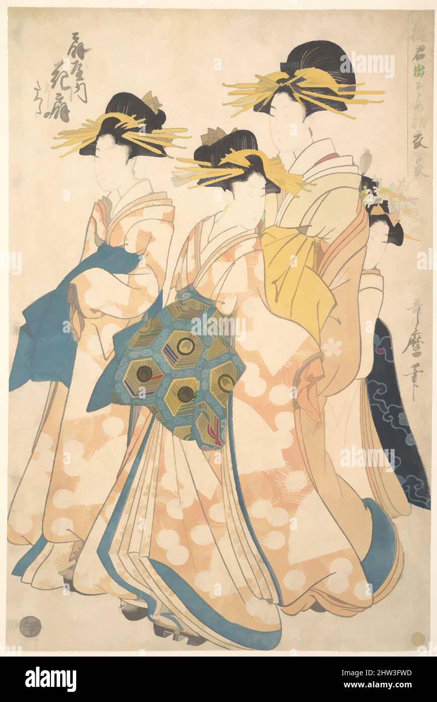 Art inspired by 遊君出そめ初衣裳　扇屋内花扇, The Oiran Hanaogi of Ogiya attended by Two Shinzo and Her Kamuro Yoshino, Edo period (1615–1868), ca. 1806, Japan, Polychrome woodblock print; ink and color on paper, H. 14 5/8 in. (37.1 cm); W. 9 1/2 in. (24.1 cm), Prints, Utamaro II (Japanese (died 1831, Classic works modernized by Artotop with a splash of modernity. Shapes, color and value, eye-catching visual impact on art. Emotions through freedom of artworks in a contemporary way. A timeless message pursuing a wildly creative new direction. Artists turning to the digital medium and creating the Artotop NFT Stock Photo