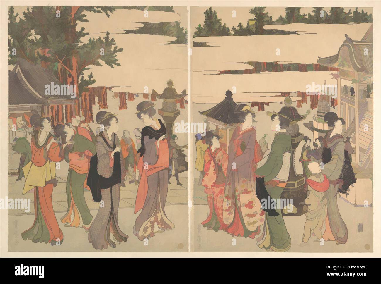 Art inspired by Horinouchi Myo-ho-ji Eho Mairi no Zu, Edo period (1615–1868), ca. 1804, Japan, Two sheets of a pentaptych of polychrome woodblock prints; ink and color on paper, Aiban; H. 13 3/8 in. (34 cm); W. 19 1/2 in. (49.5 cm), Prints, Utagawa Toyohiro (Japanese, 1763–1828, Classic works modernized by Artotop with a splash of modernity. Shapes, color and value, eye-catching visual impact on art. Emotions through freedom of artworks in a contemporary way. A timeless message pursuing a wildly creative new direction. Artists turning to the digital medium and creating the Artotop NFT Stock Photo