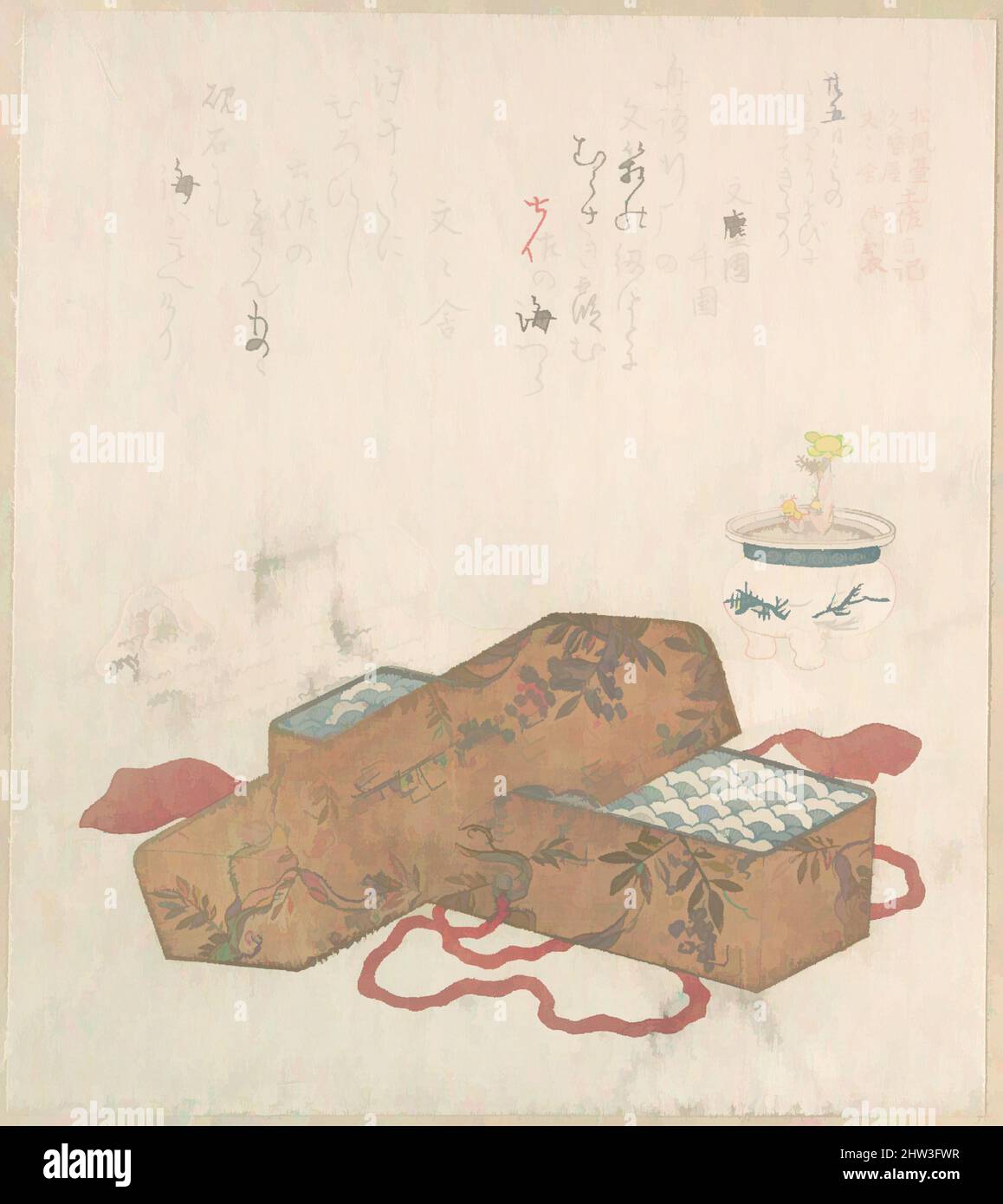 Art inspired by Letter-Box with Letter and Potted Flower, Edo period (1615–1868), 19th century, Japan, Polychrome woodblock print (surimono); ink and color on paper, 8 1/8 x 7 1/4 in. (20.6 x 18.4 cm), Prints, Kubo Shunman (Japanese, 1757–1820, Classic works modernized by Artotop with a splash of modernity. Shapes, color and value, eye-catching visual impact on art. Emotions through freedom of artworks in a contemporary way. A timeless message pursuing a wildly creative new direction. Artists turning to the digital medium and creating the Artotop NFT Stock Photo
