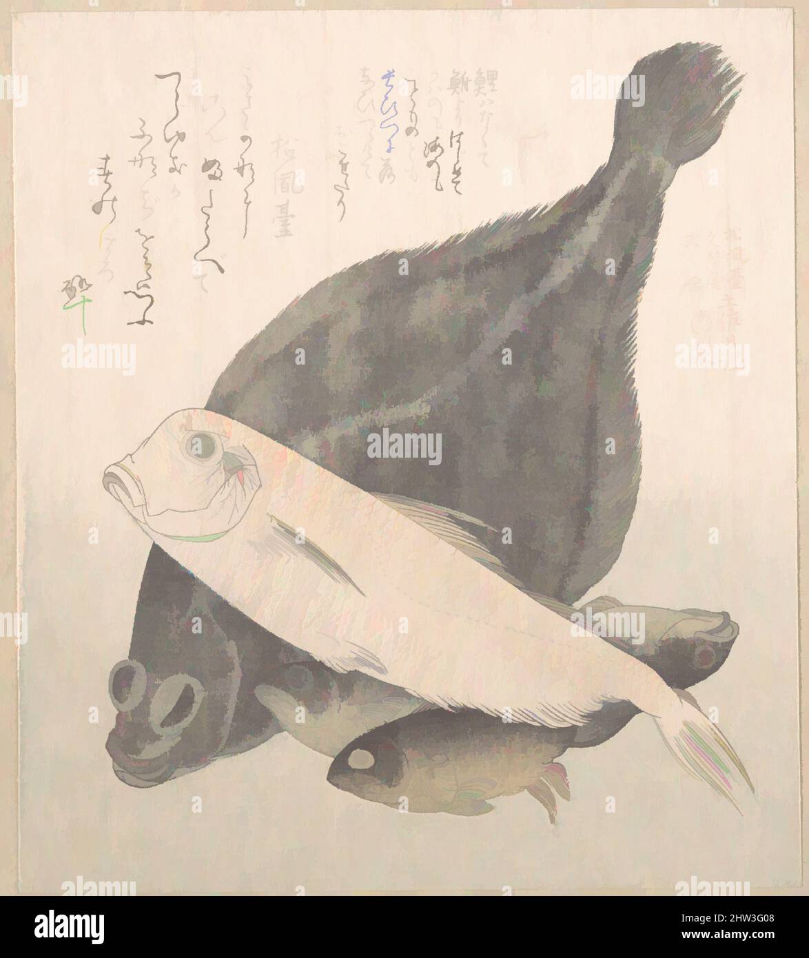 Art inspired by Flounder and Other Fishes, Edo period (1615–1868), 19th century, Japan, Polychrome woodblock print (surimono); ink and color on paper, 7 15/16 x 7 1/16 in. (20.2 x 17.9 cm), Prints, Kubo Shunman (Japanese, 1757–1820, Classic works modernized by Artotop with a splash of modernity. Shapes, color and value, eye-catching visual impact on art. Emotions through freedom of artworks in a contemporary way. A timeless message pursuing a wildly creative new direction. Artists turning to the digital medium and creating the Artotop NFT Stock Photo