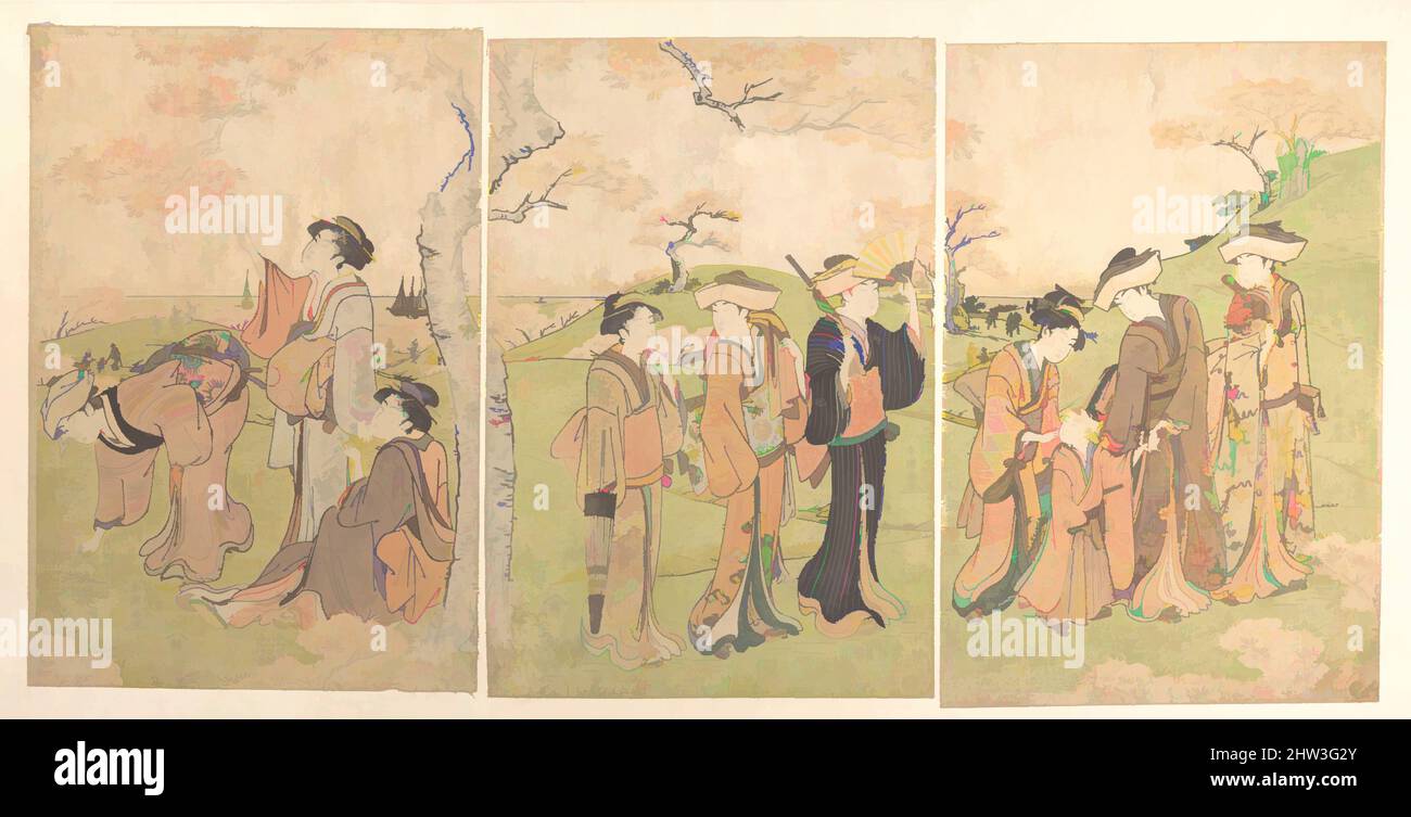 Art inspired by Women and Children Viewing the Cherry Blossoms at Gotenyama, Edo period (1615–1868), ca. 1787, Japan, Triptych of polychrome woodblock prints; ink and color on paper, 12 3/4 × 25 1/2 in. (32.4 × 64.8 cm), Prints, Katsukawa Shunchō (Japanese, active ca. 1783–95, Classic works modernized by Artotop with a splash of modernity. Shapes, color and value, eye-catching visual impact on art. Emotions through freedom of artworks in a contemporary way. A timeless message pursuing a wildly creative new direction. Artists turning to the digital medium and creating the Artotop NFT Stock Photo
