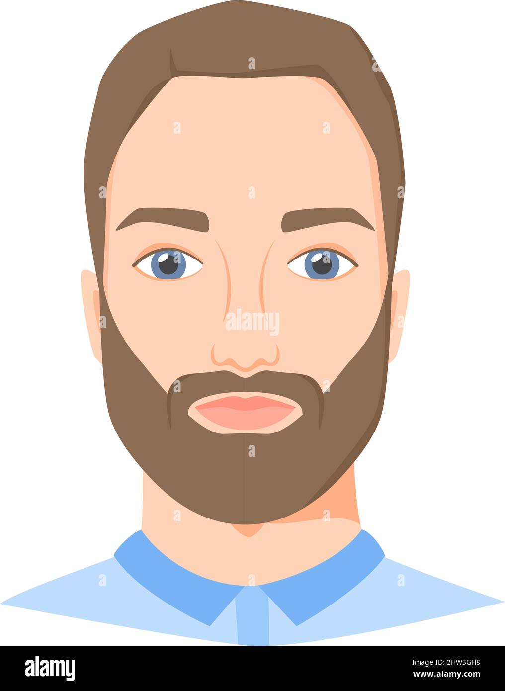 Young white man face with beard. Male portrait of brunette in flat style. Front view. Vector Stock Vector
