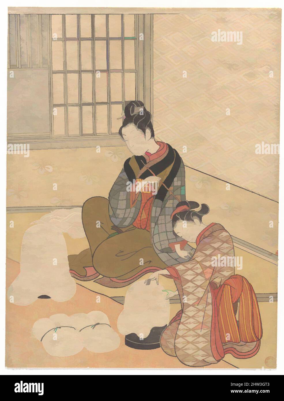 Art inspired by Evening Snow on the Nurioke, from the series Eight Parlor Views, Edo period (1615–1868), ca. 1766, Japan, Polychrome woodblock print; ink and color on paper, 10 5/8 x 8 1/16 in. (27 x 20.5 cm), Prints, Suzuki Harunobu (Japanese, 1725–1770), The nurioke was a lacquered, Classic works modernized by Artotop with a splash of modernity. Shapes, color and value, eye-catching visual impact on art. Emotions through freedom of artworks in a contemporary way. A timeless message pursuing a wildly creative new direction. Artists turning to the digital medium and creating the Artotop NFT Stock Photo
