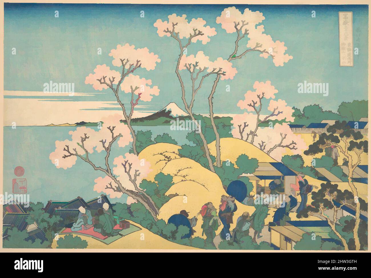 Art inspired by 冨嶽三十六景　東海道品川御殿山の不二, Fuji from Gotenyama on the Tōkaidō at Shinagawa (Tōkaidō Shinagawa Gotenyama no Fuji), from the series Thirty-six Views of Mount Fuji (Fugaku sanjūrokkei), Edo period (1615–1868), ca. 1830–32, Japan, Polychrome woodblock print; ink and color on paper, Classic works modernized by Artotop with a splash of modernity. Shapes, color and value, eye-catching visual impact on art. Emotions through freedom of artworks in a contemporary way. A timeless message pursuing a wildly creative new direction. Artists turning to the digital medium and creating the Artotop NFT Stock Photo