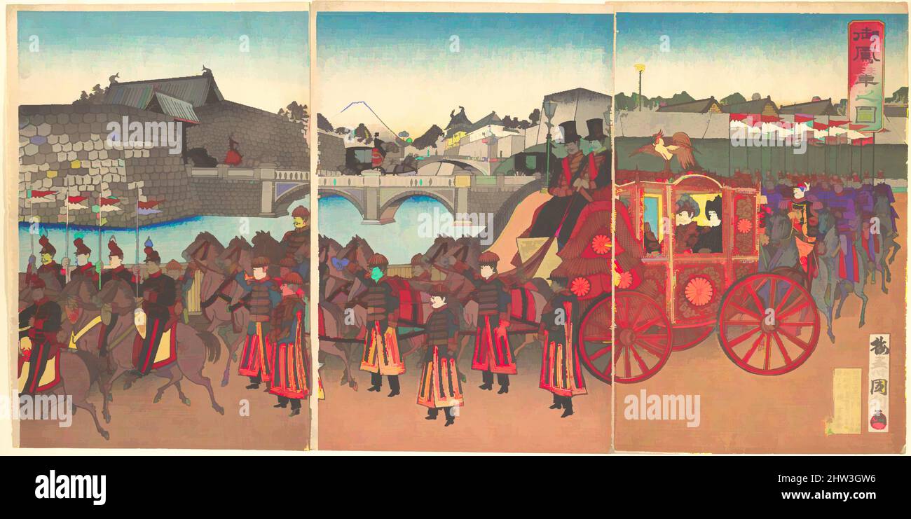 Art inspired by Go Horen no zu, View of the Imperial Carriage, Meiji period (1868–1912), 1889 (Meiji 22), Japan, One sheet of a triptych of polychrome woodblock prints; ink and color on paper, Triptych 14 9/16 x 29 in. (37 x 73.6 cm), Prints, Utagawa Kunitoshi (Japanese, active 2nd, Classic works modernized by Artotop with a splash of modernity. Shapes, color and value, eye-catching visual impact on art. Emotions through freedom of artworks in a contemporary way. A timeless message pursuing a wildly creative new direction. Artists turning to the digital medium and creating the Artotop NFT Stock Photo