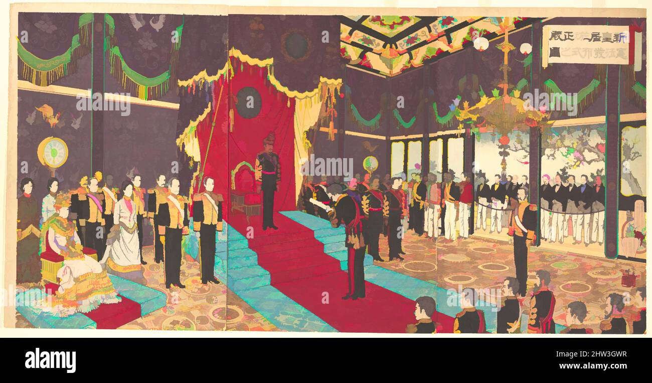Art inspired by Shinkokyo Oite Seiden Kempo Happu no zu, View of the Issuance of the State Constitution in the State Chamber of the New Imperial Palace, Meiji period (1868–1912), March 2, 1889 (Meiji 22), Japan, One sheet of a triptych of polychrome woodblock prints; ink and color on, Classic works modernized by Artotop with a splash of modernity. Shapes, color and value, eye-catching visual impact on art. Emotions through freedom of artworks in a contemporary way. A timeless message pursuing a wildly creative new direction. Artists turning to the digital medium and creating the Artotop NFT Stock Photo