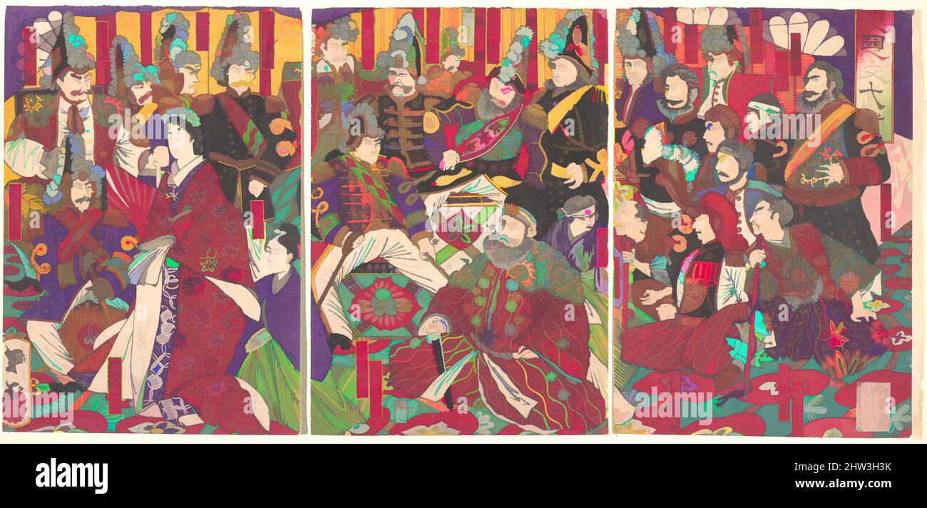 Art inspired by Civil and Military Officers, Meiji period (1868–1912), December 1877, Japan, Triptych of polychrome woodblock prints; ink and color on paper, Oban; each panel: 13 3/8 x 9 1/4 in. (34 x 23.5 cm), Prints, Toshimasa (Japanese, active 19th century), Looming in the central, Classic works modernized by Artotop with a splash of modernity. Shapes, color and value, eye-catching visual impact on art. Emotions through freedom of artworks in a contemporary way. A timeless message pursuing a wildly creative new direction. Artists turning to the digital medium and creating the Artotop NFT Stock Photo