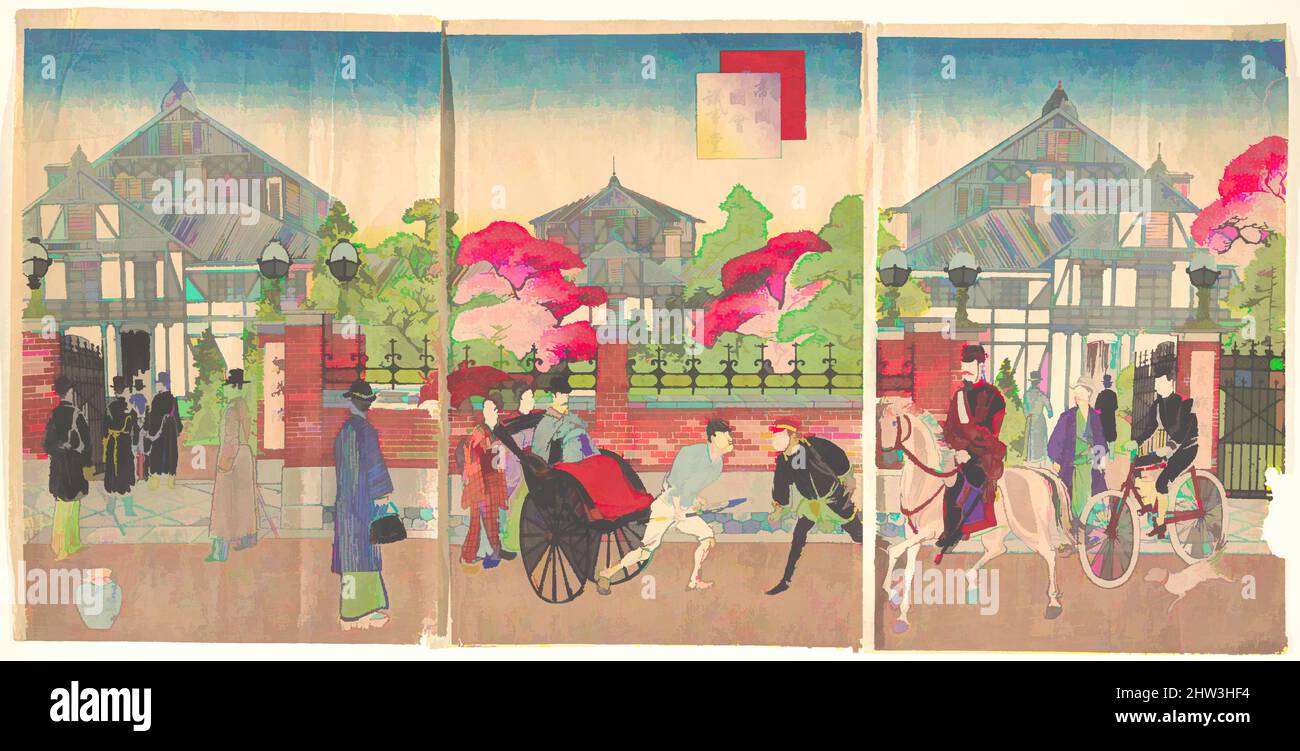 Art inspired by 東京名所帝国議事堂, Famous Places in Tokyo: The Imperial Diet Building (Tōkyō Meisho: Teikoku Kokkai Gijidō), Meiji period (1868–1912), 1899, Japan, Triptych of polychrome woodblock prints; ink and color on paper, 14.3 x 28.7 in. (36.3 x 72.9 cm), Prints, Yōsai Nobukazu 楊斎延一 (, Classic works modernized by Artotop with a splash of modernity. Shapes, color and value, eye-catching visual impact on art. Emotions through freedom of artworks in a contemporary way. A timeless message pursuing a wildly creative new direction. Artists turning to the digital medium and creating the Artotop NFT Stock Photo
