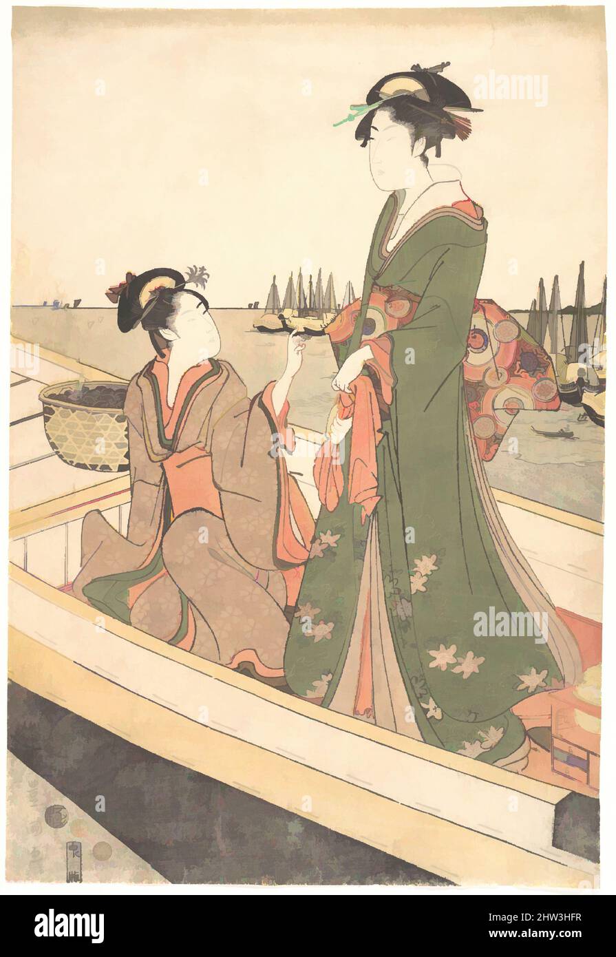 Art inspired by Two Women in a Boat; One, Holding a Basket of Mussels, Edo period (1615–1868), ca. 1798, Japan, Polychrome woodblock print; ink and color on paper, H. 14 5/8 in. (37.1 cm); W. 9 7/8 in. (25.1 cm), Prints, Utagawa Toyokuni I (Japanese, 1769–1825, Classic works modernized by Artotop with a splash of modernity. Shapes, color and value, eye-catching visual impact on art. Emotions through freedom of artworks in a contemporary way. A timeless message pursuing a wildly creative new direction. Artists turning to the digital medium and creating the Artotop NFT Stock Photo