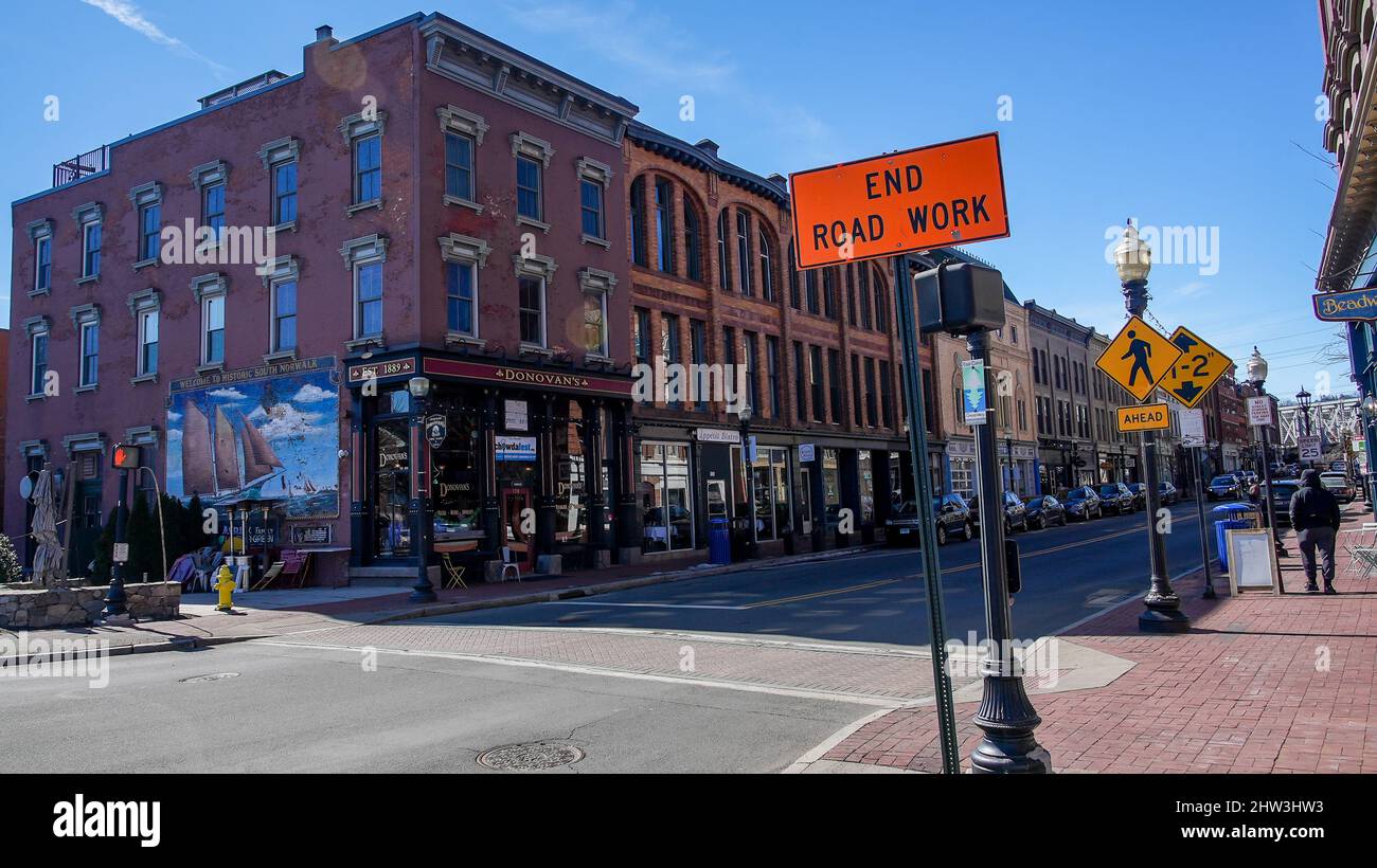 NORWALK, CT, USA - MARCH 3 2022: Downtown view from Washington street n