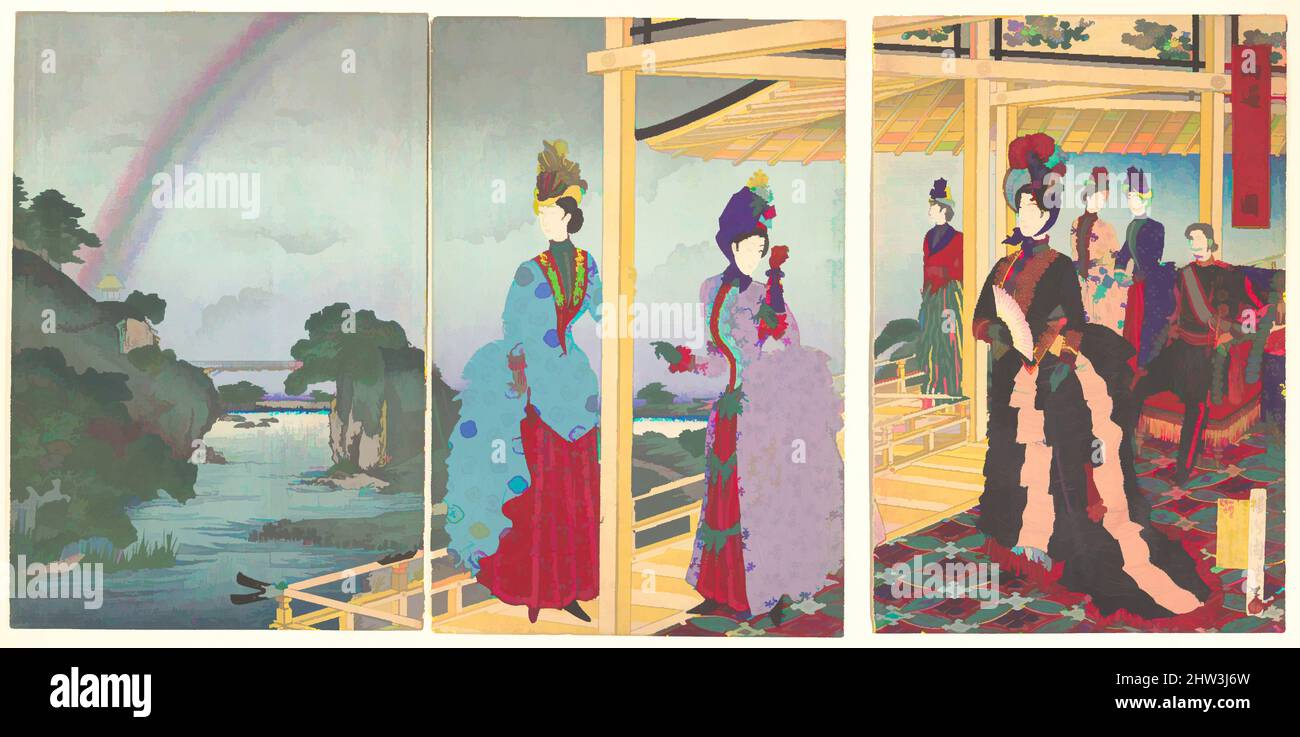 Art inspired by 『雨過洗庭之図』, A Garden Refreshed by the Passing Rain, (Ukasentei no zu), Meiji period (1868–1912), July 1888, Japan, Polychrome woodblock print; ink and color on paper, Image: 14 3/4 x 28 1/4 in. (37.5 x 71.8 cm), Prints, Yōshū (Hashimoto) Chikanobu (Japanese, 1838–1912, Classic works modernized by Artotop with a splash of modernity. Shapes, color and value, eye-catching visual impact on art. Emotions through freedom of artworks in a contemporary way. A timeless message pursuing a wildly creative new direction. Artists turning to the digital medium and creating the Artotop NFT Stock Photo