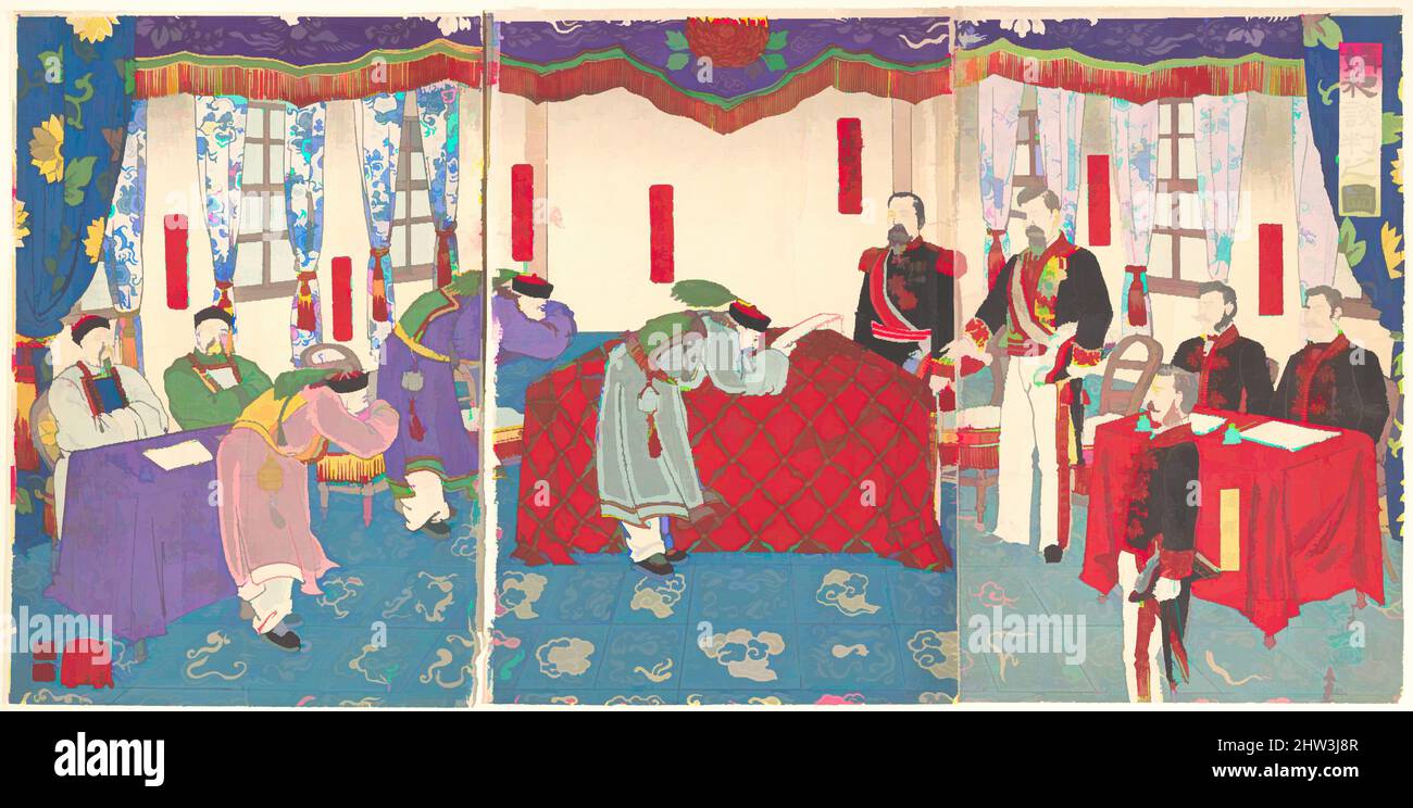 Art inspired by Negotiations after the Sino-Japanese War, Meiji period (1868–1912), March 1895, Japan, Triptych of polychrome woodblock prints; ink and color on paper, 14 1/4 x 28 3/8 in. (36.2 x 72.1 cm), Prints, Keisai (Japanese, active ca. 1890–1900, Classic works modernized by Artotop with a splash of modernity. Shapes, color and value, eye-catching visual impact on art. Emotions through freedom of artworks in a contemporary way. A timeless message pursuing a wildly creative new direction. Artists turning to the digital medium and creating the Artotop NFT Stock Photo