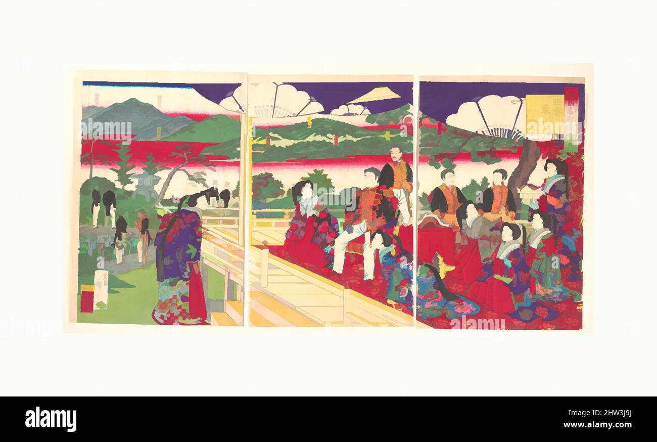 Art inspired by 諸国名所図会内　西京東山一覧, A Glimpse of Higayashiyama the Western Capital, from the series Famous Places in the Nation (Shokoku meisho zukai no uchi-Saikyō Higashiyama ichiran), Meiji period (1868–1912), May, 1880, Japan, Triptych of polychrome woodblock prints; ink and color on, Classic works modernized by Artotop with a splash of modernity. Shapes, color and value, eye-catching visual impact on art. Emotions through freedom of artworks in a contemporary way. A timeless message pursuing a wildly creative new direction. Artists turning to the digital medium and creating the Artotop NFT Stock Photo