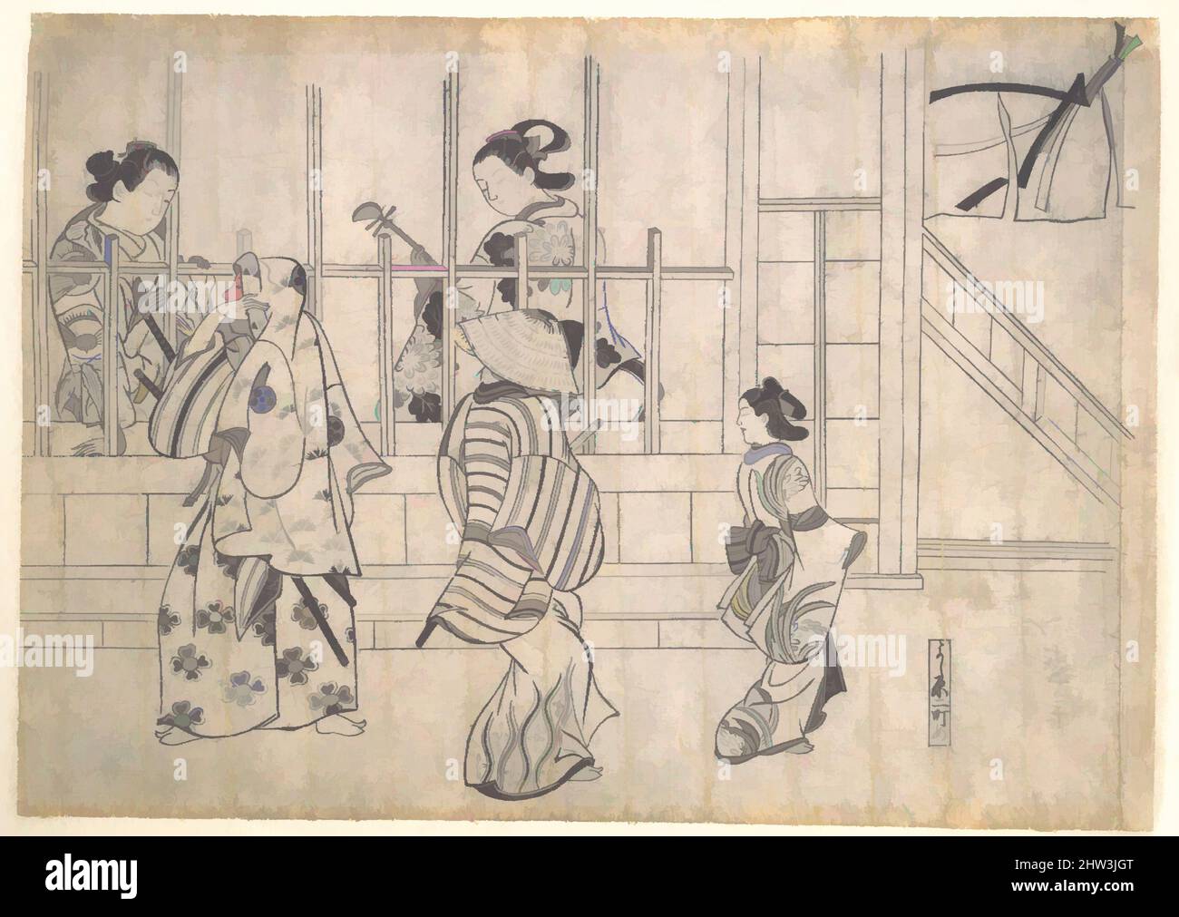 Art inspired by Street Scene in Yoshiwara, Edo period (1615–1868), late 17th century, Japan, Monochrome woodblock print; ink on paper, 10 3/4 x 15 1/4 in. (27.3 x 38.7 cm), Prints, Hishikawa Moronobu (Japanese, died 1694), In this Yoshiwara scene by Moronobu, the originator of ukiyo-e, Classic works modernized by Artotop with a splash of modernity. Shapes, color and value, eye-catching visual impact on art. Emotions through freedom of artworks in a contemporary way. A timeless message pursuing a wildly creative new direction. Artists turning to the digital medium and creating the Artotop NFT Stock Photo