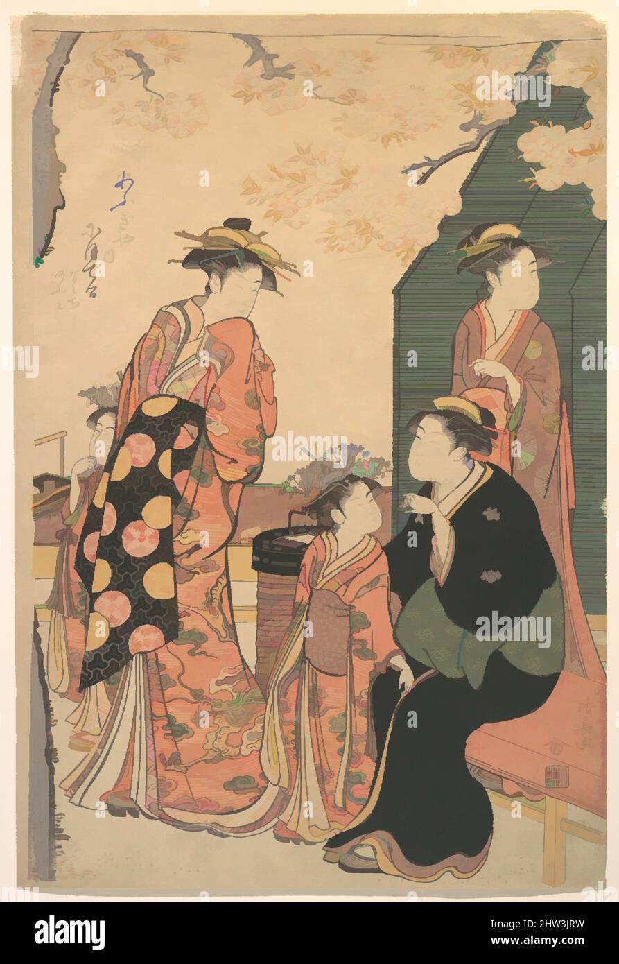 Art inspired by Portrait of the Courtesan Nioteru of the Ogiya, with Her Two Attendants Namiji and Aō-mi, Edo period (1615–1868), ca. 1785, Japan, Polychrome woodblock print; ink and color on paper, H. 15 5/16 in. (38.9 cm); W. 10 3/8 in. (26.4 cm), Prints, Torii Kiyonaga (Japanese, Classic works modernized by Artotop with a splash of modernity. Shapes, color and value, eye-catching visual impact on art. Emotions through freedom of artworks in a contemporary way. A timeless message pursuing a wildly creative new direction. Artists turning to the digital medium and creating the Artotop NFT Stock Photo