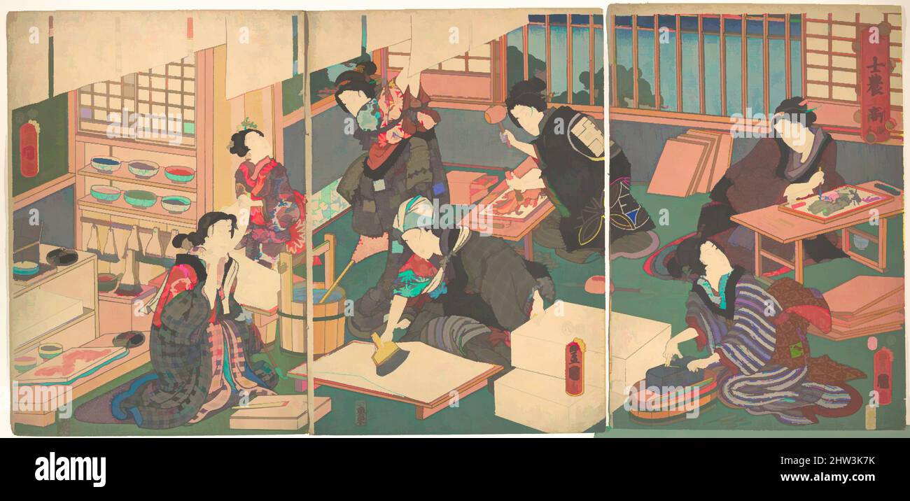 Art inspired by Artisans, from the series 'An Up-to-Date Parody of the Four Classes', Edo period (1615–1868), 19th century, Japan, Triptych of polychrome woodblock prints; ink and color on paper, Each 10 x 14 1/2 in. (25.4 x 36.8 cm), Prints, Utagawa Kunisada (Japanese, 1786–1865), To, Classic works modernized by Artotop with a splash of modernity. Shapes, color and value, eye-catching visual impact on art. Emotions through freedom of artworks in a contemporary way. A timeless message pursuing a wildly creative new direction. Artists turning to the digital medium and creating the Artotop NFT Stock Photo