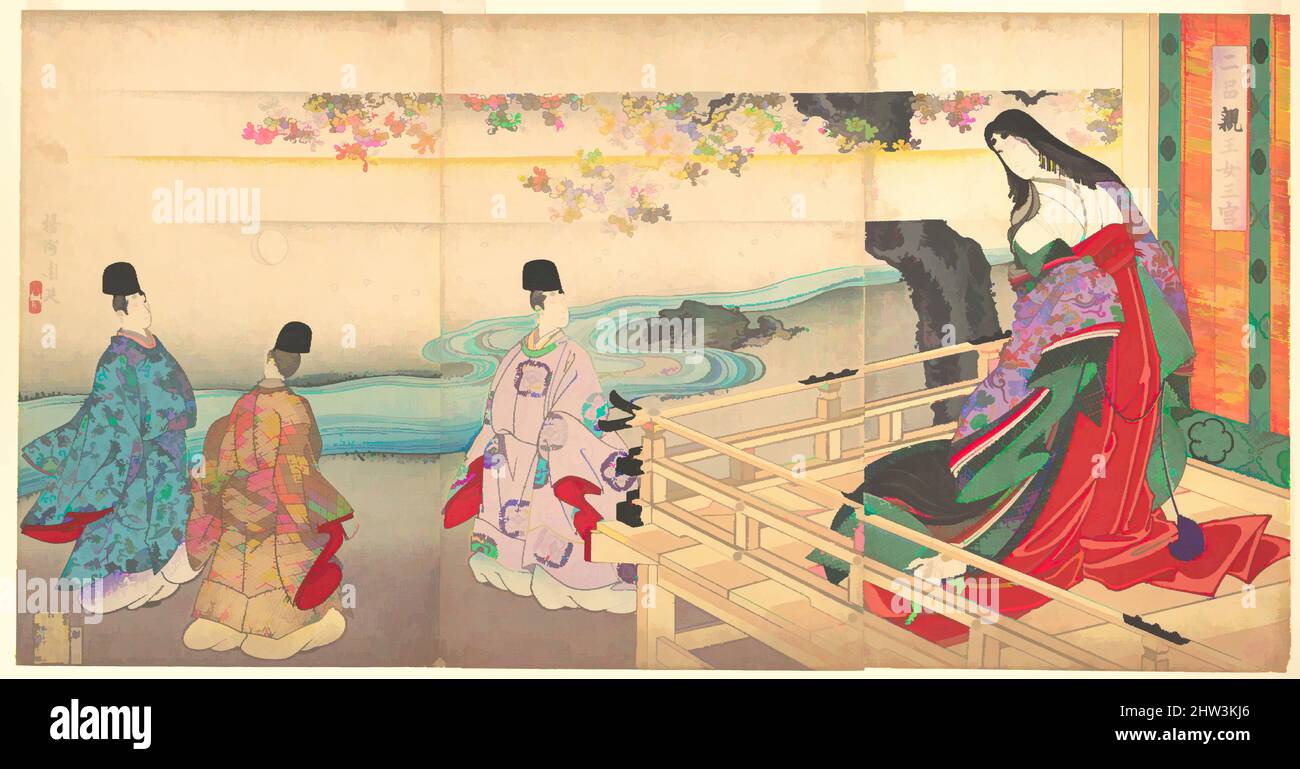 Art inspired by 二品親王女三宮, The Third Princess and Kashiwagi, from Chapter 34, “New Herbs I (Wakana I)” (Nihon shinnō onna sannomiya), Meiji period (1868–1912), 1890, Japan, Triptych of polychrome woodblock prints; ink and color on paper, Each 14 1/4 x 9 1/4 in. (36.2 x 23.5 cm), Prints, Classic works modernized by Artotop with a splash of modernity. Shapes, color and value, eye-catching visual impact on art. Emotions through freedom of artworks in a contemporary way. A timeless message pursuing a wildly creative new direction. Artists turning to the digital medium and creating the Artotop NFT Stock Photo