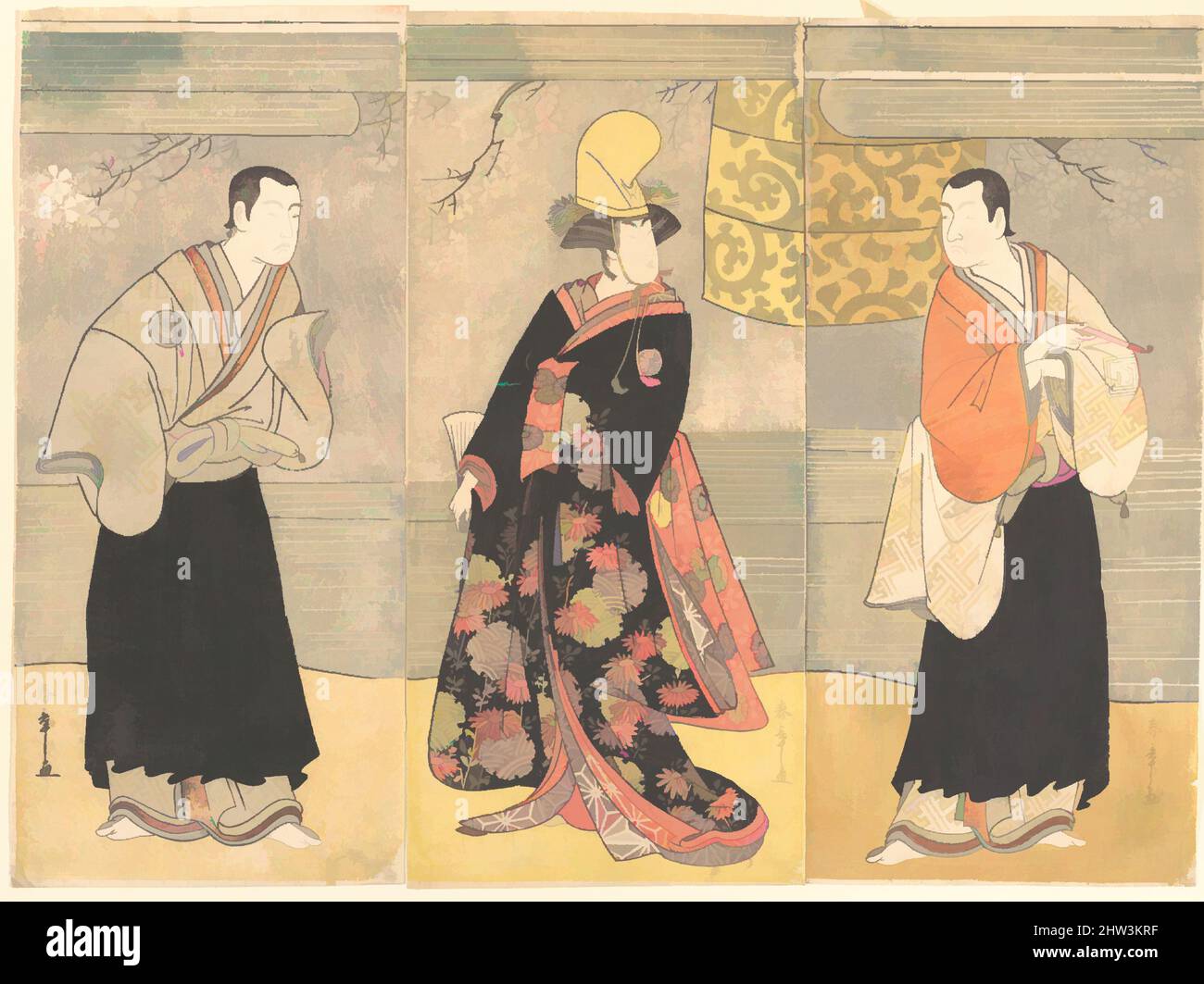 Art inspired by Drama of Hikeyahike Kanhiki Dojoji, Edo period (1615–1868), third month of 1780, Japan, Triptych of polychrome woodblock prints; ink and color on paper, A: 12 7/8 x 5 5/8 in. (32.7 x 14.3 cm), Prints, Katsukawa Shunshō (Japanese, 1726–1792, Classic works modernized by Artotop with a splash of modernity. Shapes, color and value, eye-catching visual impact on art. Emotions through freedom of artworks in a contemporary way. A timeless message pursuing a wildly creative new direction. Artists turning to the digital medium and creating the Artotop NFT Stock Photo