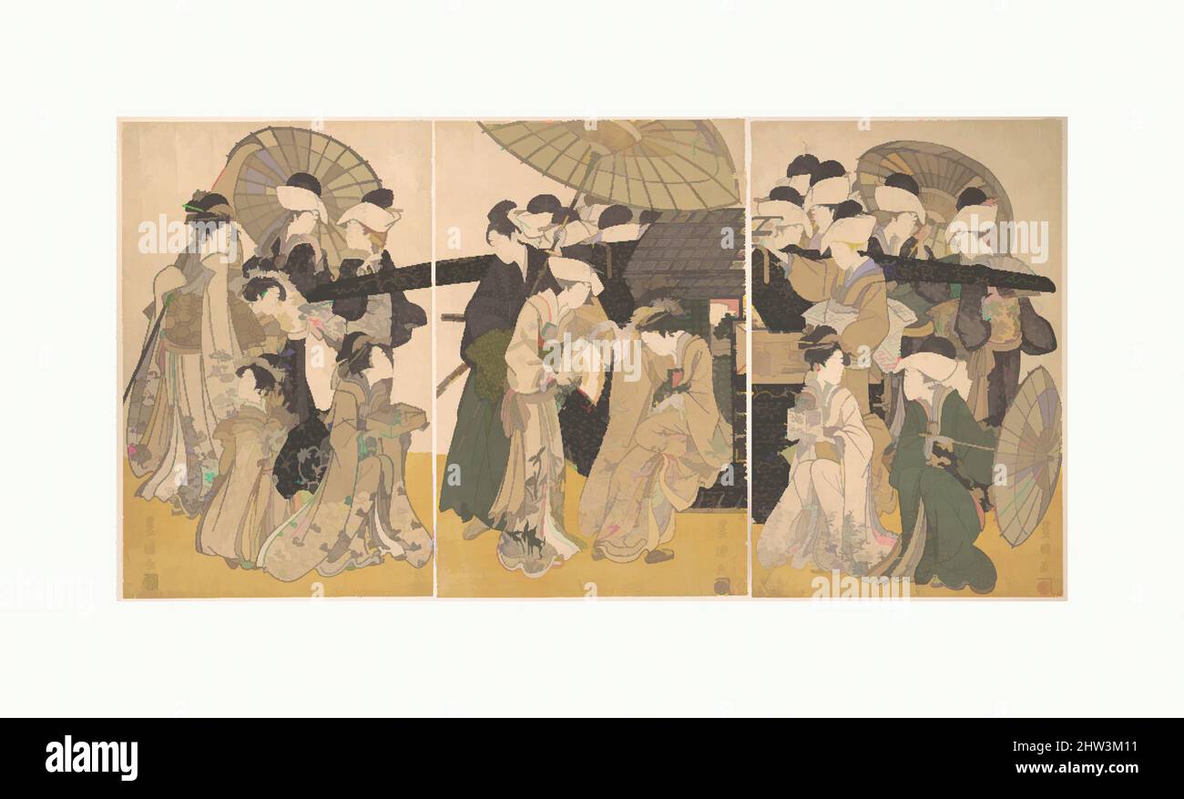 Art inspired by Famous Beauty Escorted by Women of Different Rank, Edo period (1615–1868), Japan, Triptych of polychrome woodblock prints; ink and color on paper, A: H. 15 1/16 in. (38.3 cm); W. 9 3/4 in. (24.8 cm), Prints, Utagawa Toyokuni I (Japanese, 1769–1825, Classic works modernized by Artotop with a splash of modernity. Shapes, color and value, eye-catching visual impact on art. Emotions through freedom of artworks in a contemporary way. A timeless message pursuing a wildly creative new direction. Artists turning to the digital medium and creating the Artotop NFT Stock Photo