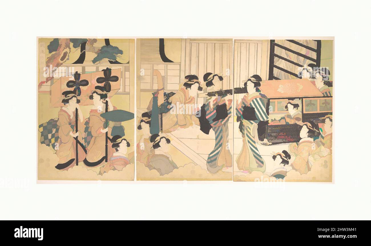 Art inspired by Promenade of Famous Beauty Escorted by Many Female Attendants, Edo period (1615–1868), Japan, Triptych of polychrome woodblock prints; ink and color on paper, H. 14 5/8 in. (37.1 cm); W. 9 7/8 in (25.1 cm), Prints, Kikugawa Eizan (Japanese, 1787–1867, Classic works modernized by Artotop with a splash of modernity. Shapes, color and value, eye-catching visual impact on art. Emotions through freedom of artworks in a contemporary way. A timeless message pursuing a wildly creative new direction. Artists turning to the digital medium and creating the Artotop NFT Stock Photo