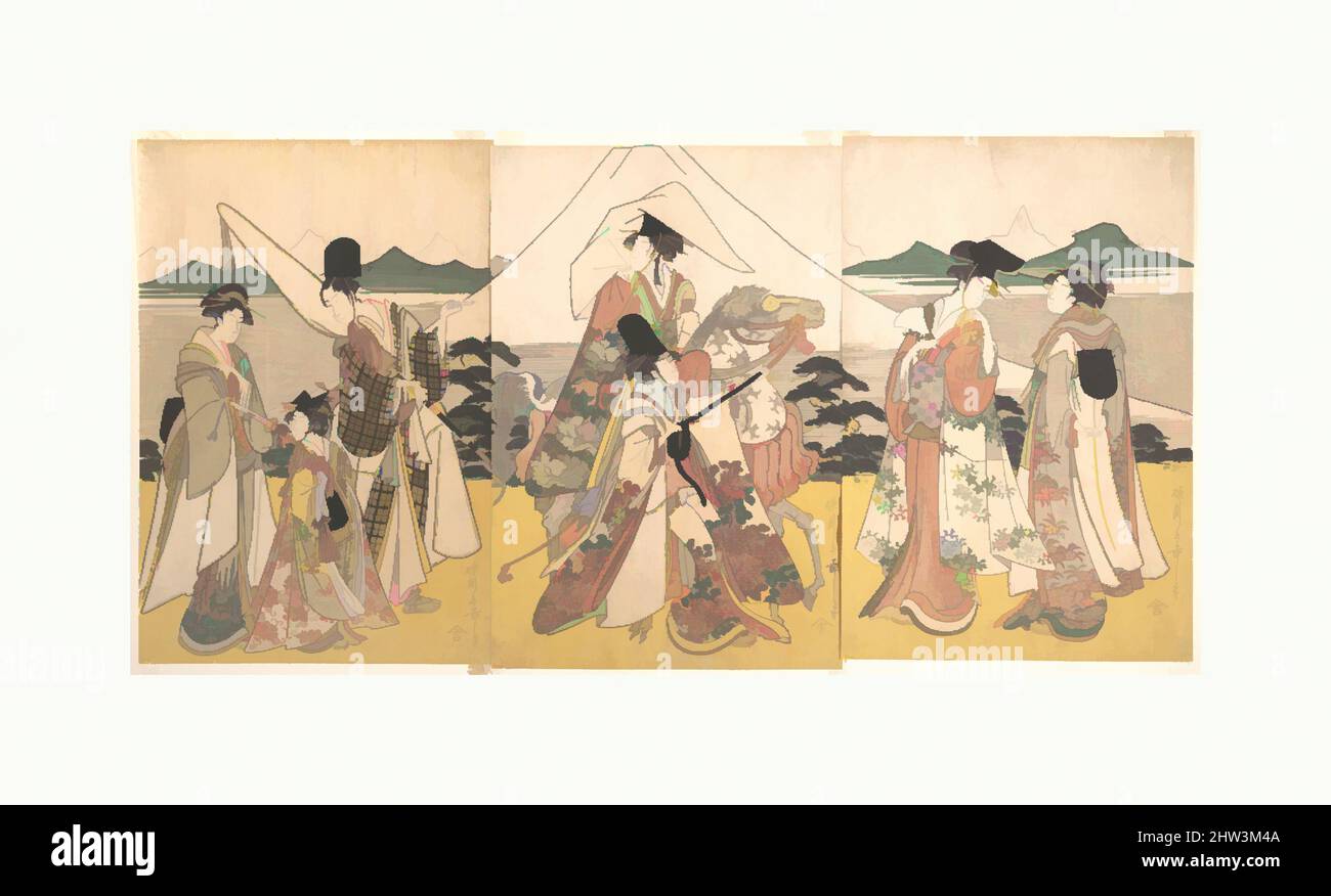 Art inspired by Narihira's Journey to the East, Edo period (1615–1868), late 18th century, Japan, Triptych of polychrome woodblock prints; ink and color on paper, Image (each): 14 9/16 x 9 3/4 in. (37 x 24.8 cm), Prints, Rekisentei Eiri (Japanese, active ca. 1789–1801), The ninth, Classic works modernized by Artotop with a splash of modernity. Shapes, color and value, eye-catching visual impact on art. Emotions through freedom of artworks in a contemporary way. A timeless message pursuing a wildly creative new direction. Artists turning to the digital medium and creating the Artotop NFT Stock Photo