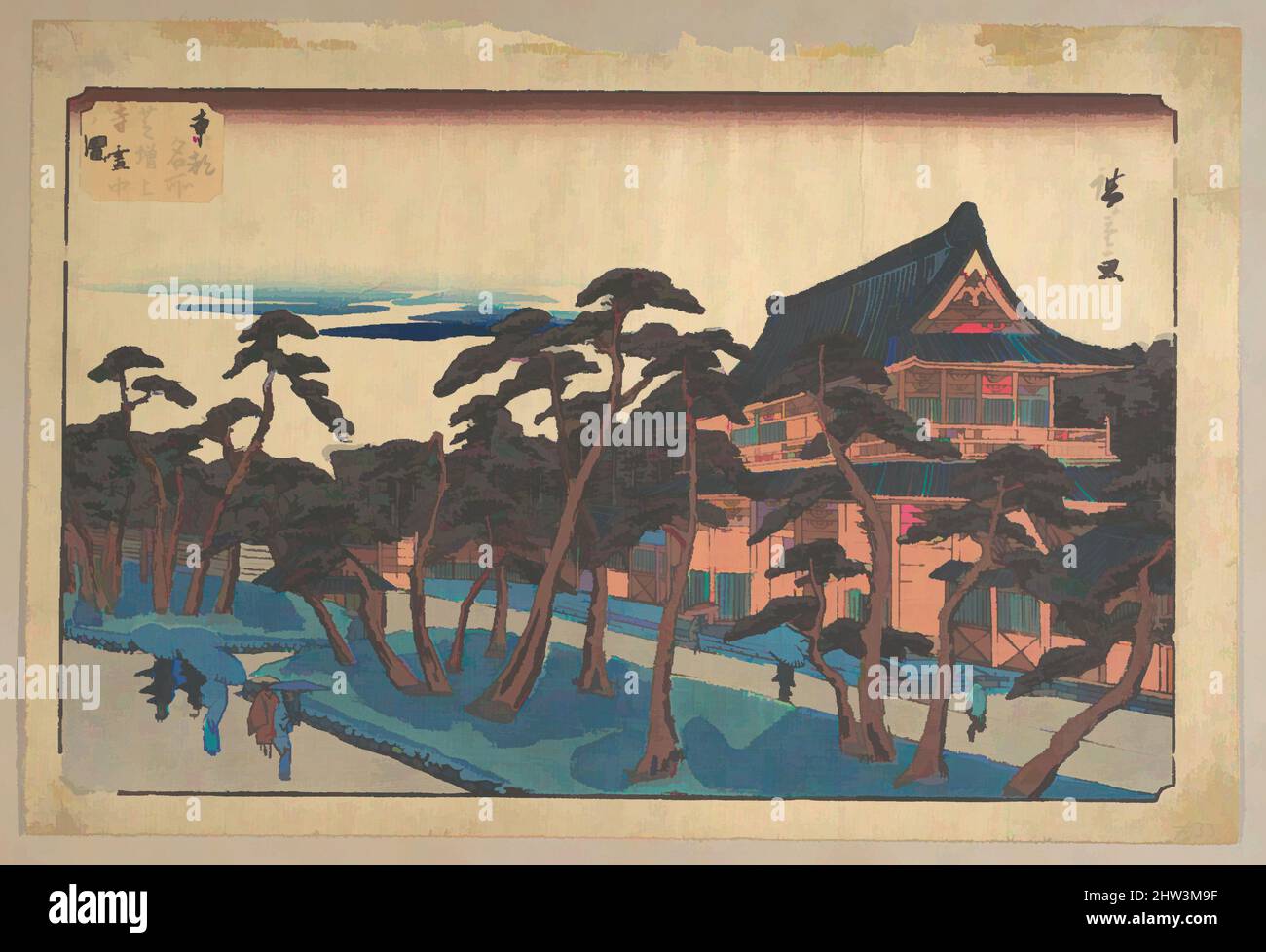 Art inspired by 東都名所　芝増上寺雪中ノ図, Zojoji Temple at Shiba in Snow, Edo period (1615–1868), Japan, Polychrome woodblock print; ink and color on paper, H. 10 in. (25.4 cm); W. 14 3/4 in. (37.5 cm), Prints, Utagawa Hiroshige (Japanese, Tokyo (Edo) 1797–1858 Tokyo (Edo, Classic works modernized by Artotop with a splash of modernity. Shapes, color and value, eye-catching visual impact on art. Emotions through freedom of artworks in a contemporary way. A timeless message pursuing a wildly creative new direction. Artists turning to the digital medium and creating the Artotop NFT Stock Photo