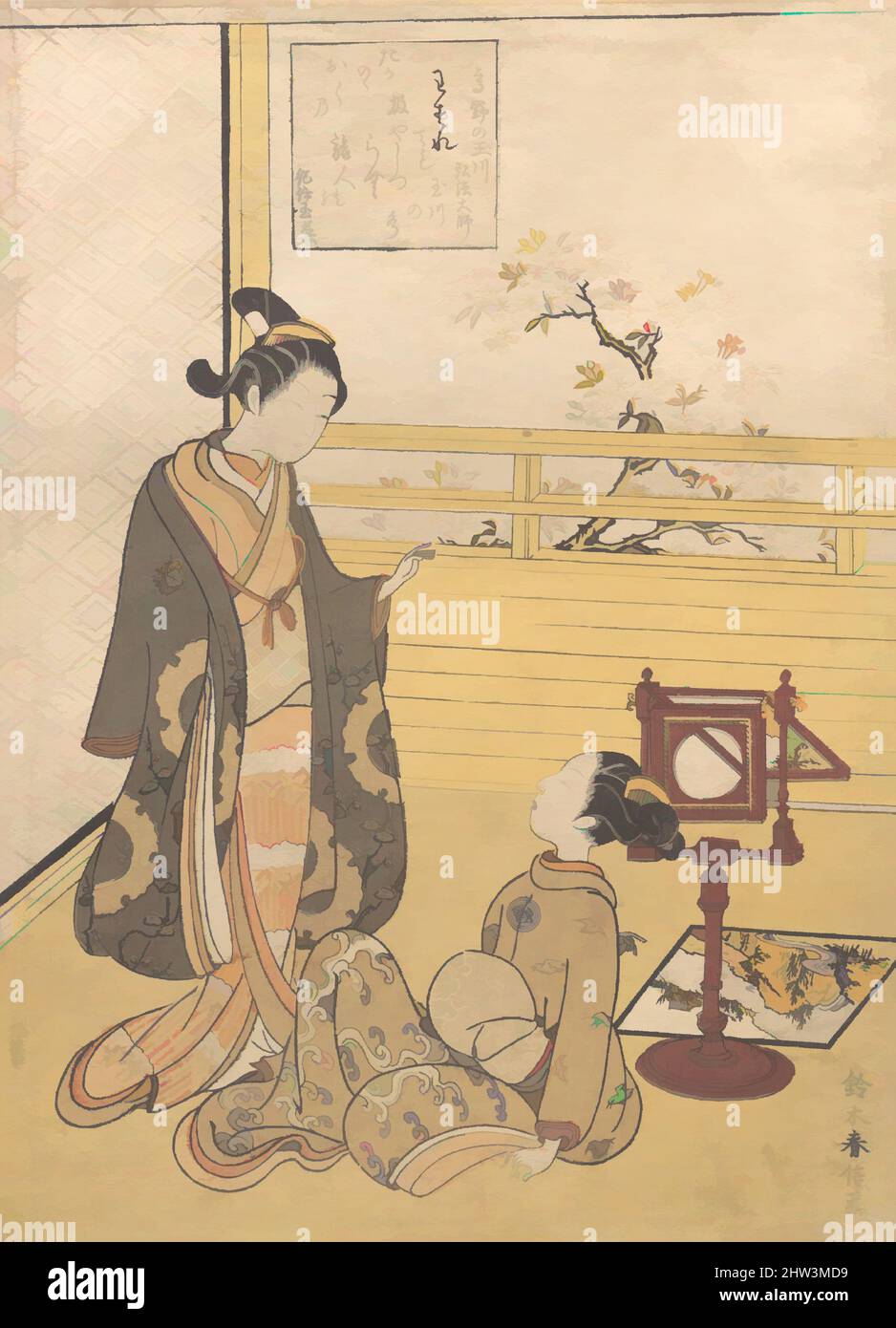 Art inspired by 鈴木春信画　覗き絡繰り・「高野の玉川　弘法大師」, A Teenage Boy and Girl with a Viewer for an Optique Picture (Nozoki-karakuri); Kōbō Daishi’s Poem on the Jewel River of Kōya (Kōya no Tamagawa: Kōbō Daishi), Edo period (1615–1868), ca. 1788, Japan, Polychrome woodblock print; ink and color on, Classic works modernized by Artotop with a splash of modernity. Shapes, color and value, eye-catching visual impact on art. Emotions through freedom of artworks in a contemporary way. A timeless message pursuing a wildly creative new direction. Artists turning to the digital medium and creating the Artotop NFT Stock Photo