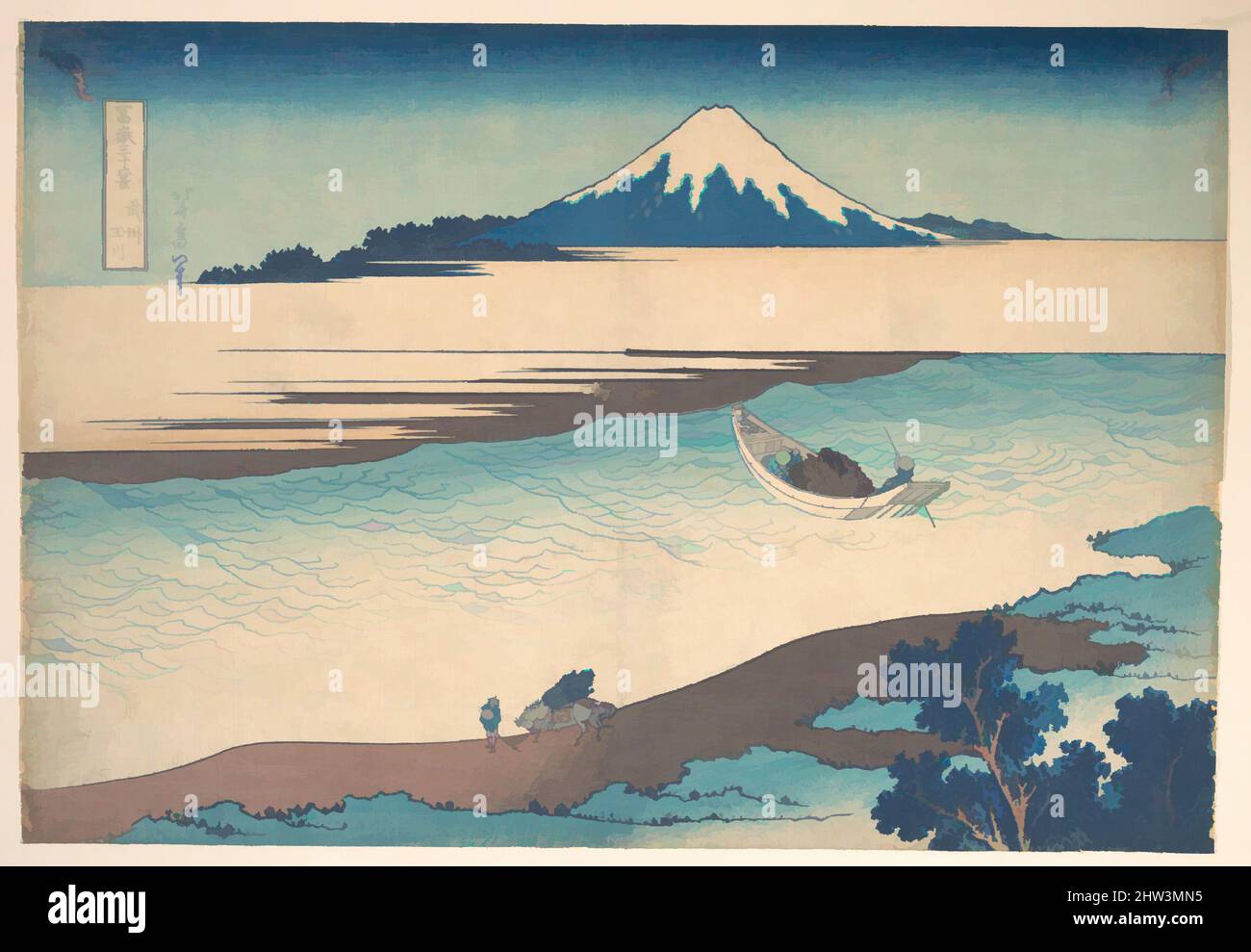 Art inspired by 冨嶽三十六景　武州玉川, Fuji—The Tama River, Musashi Province, from the series Thirty-six Views of Mount Fuji (Fugaku sanjūrokkei), Edo period (1615–1868), ca. 1830–32, Japan, Polychrome woodblock print; ink and color on paper, 10 1/8 x 14 3/4 in. (25.7 x 37.5 cm), Prints, Classic works modernized by Artotop with a splash of modernity. Shapes, color and value, eye-catching visual impact on art. Emotions through freedom of artworks in a contemporary way. A timeless message pursuing a wildly creative new direction. Artists turning to the digital medium and creating the Artotop NFT Stock Photo