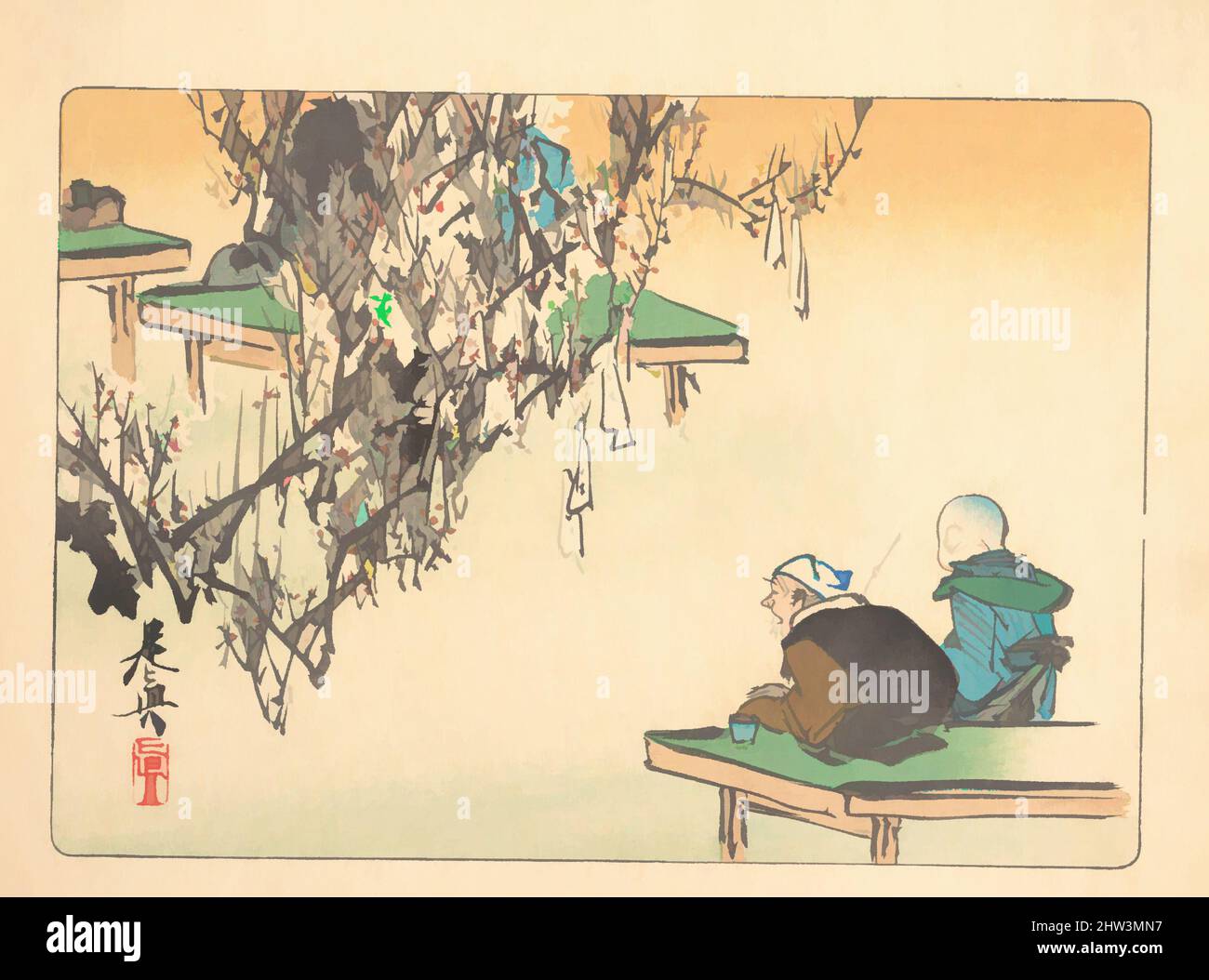 Art inspired by Two Pilgrims Gazing at a Tree Festooned with Prayers, Japan, Polychrome woodblock print; ink and color on paper, Image: 7 1/2 × 10 1/8 in. (19.1 × 25.7 cm), Prints, Shibata Zeshin (Japanese, 1807–1891, Classic works modernized by Artotop with a splash of modernity. Shapes, color and value, eye-catching visual impact on art. Emotions through freedom of artworks in a contemporary way. A timeless message pursuing a wildly creative new direction. Artists turning to the digital medium and creating the Artotop NFT Stock Photo