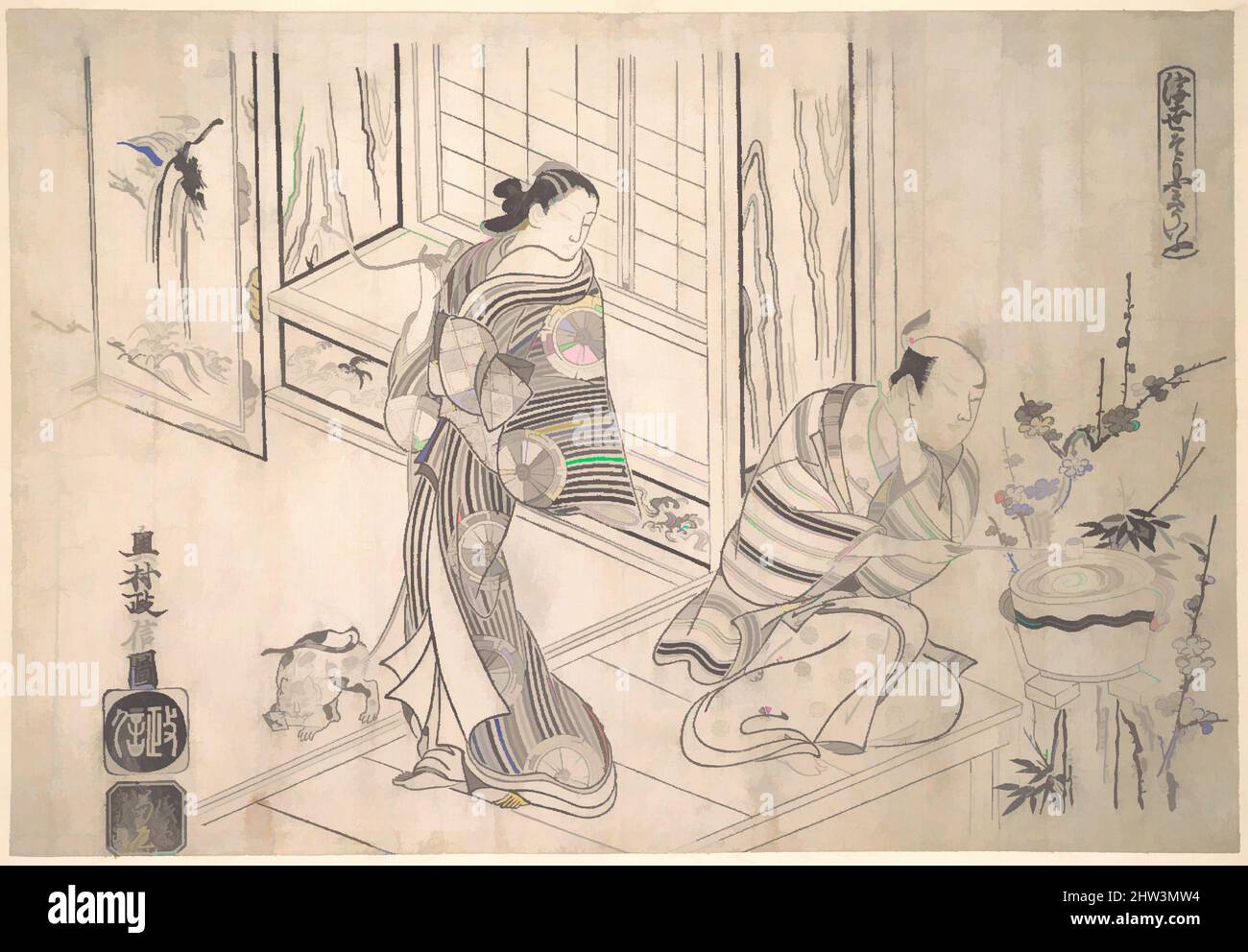 Art inspired by Parody of the Legend of Xu You and Chao Fu, Edo period (1615–1868), ca. 1715, Japan, Monochrome woodblock print (sumie); ink on paper, 11 3/8 x 16 1/4 in. (28.9 x 41.3 cm), Prints, Okumura Masanobu (Japanese, 1686–1764), In a highly amusing and complicated mitate, Classic works modernized by Artotop with a splash of modernity. Shapes, color and value, eye-catching visual impact on art. Emotions through freedom of artworks in a contemporary way. A timeless message pursuing a wildly creative new direction. Artists turning to the digital medium and creating the Artotop NFT Stock Photo