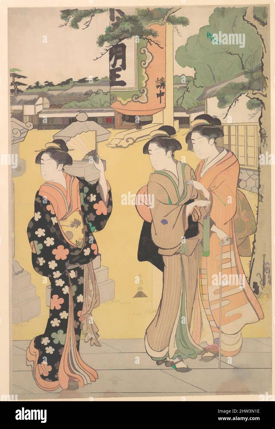 Art inspired by Fair Visitors in the Compound of a Buddhist Temple, Edo period (1615–1868), ca. 1789, Japan, One sheet of a triptych of polychrome woodblock prints; ink and color on paper, 15 x 10 in. (38.1 x 25.4 cm), Prints, Katsukawa Shunchō (Japanese, active ca. 1783–95, Classic works modernized by Artotop with a splash of modernity. Shapes, color and value, eye-catching visual impact on art. Emotions through freedom of artworks in a contemporary way. A timeless message pursuing a wildly creative new direction. Artists turning to the digital medium and creating the Artotop NFT Stock Photo