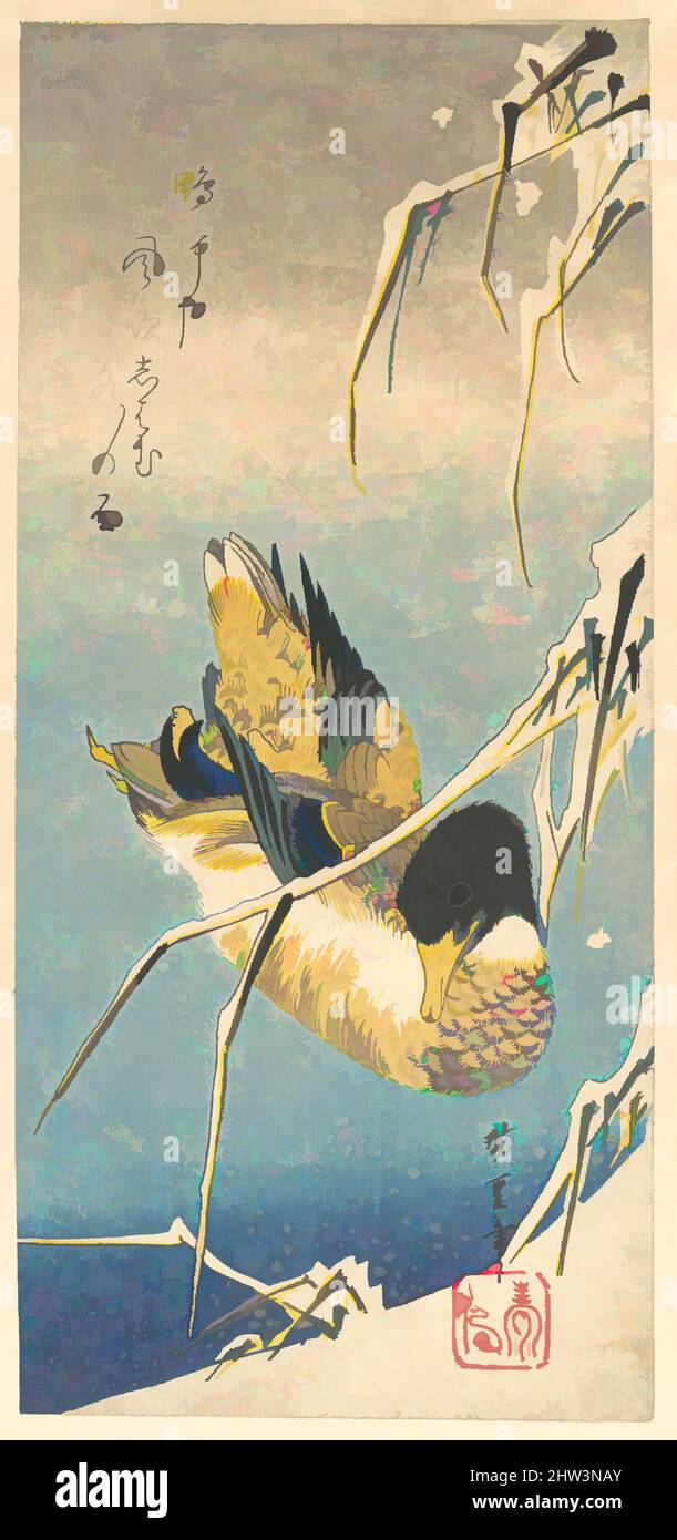 Art inspired by 歌川広重画　雪中芦に鴨, Mallard Duck and Snow-covered Reeds, Edo period (1615–1868), ca. 1832, Japan, Polychrome woodblock print; ink and color on paper, 15 x 6 7/8 in. (38.1 x 17.5 cm), Prints, Utagawa Hiroshige (Japanese, Tokyo (Edo) 1797–1858 Tokyo (Edo)), Kamo naku ya kaze, Classic works modernized by Artotop with a splash of modernity. Shapes, color and value, eye-catching visual impact on art. Emotions through freedom of artworks in a contemporary way. A timeless message pursuing a wildly creative new direction. Artists turning to the digital medium and creating the Artotop NFT Stock Photo