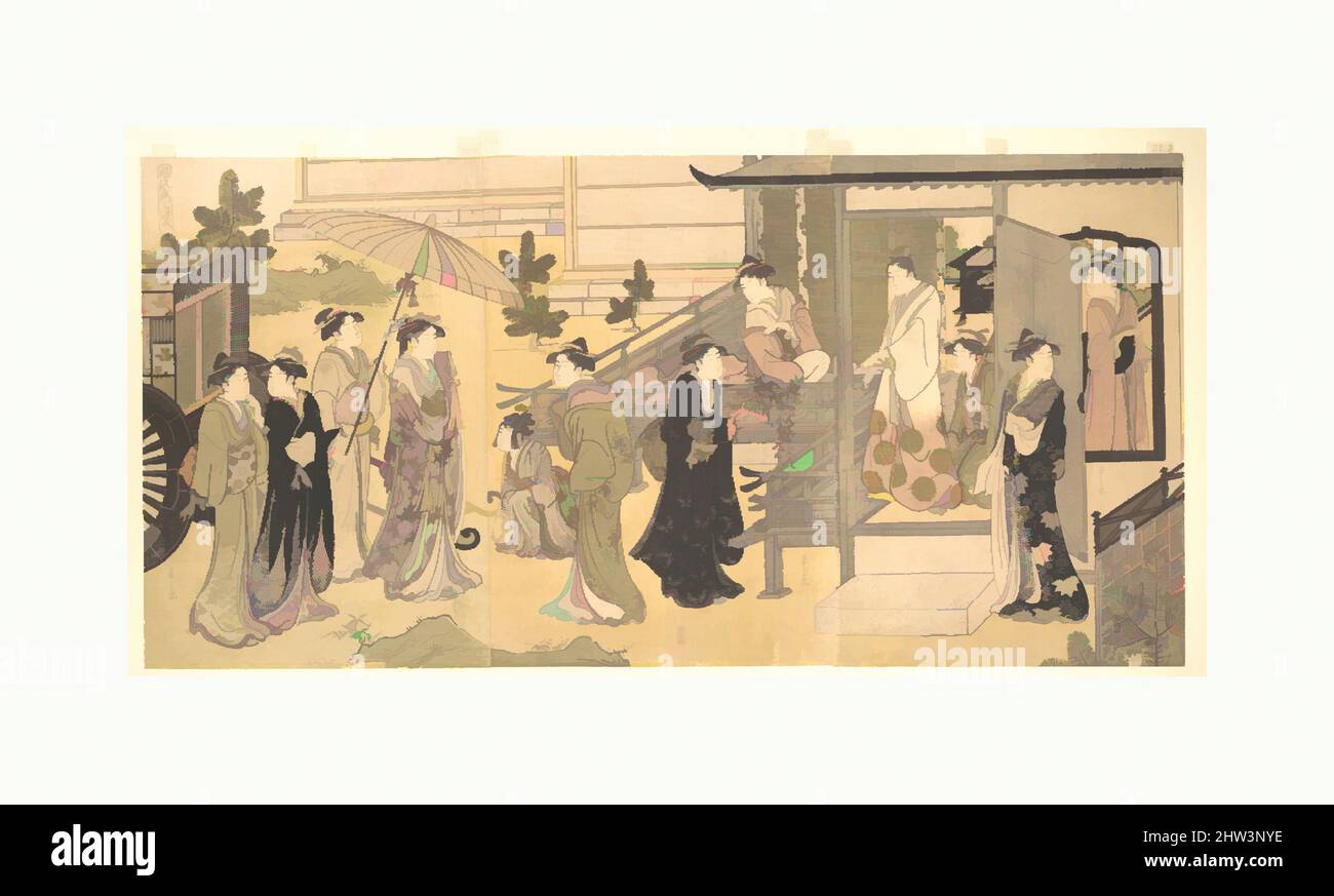 Art inspired by A Disguised Scene from The Tale of Genji (Fūryū Yatsushi Genji), Chapter 33, “Wisteria Leaves (Fuji no uraba)”, Edo period (1615–1868), ca. 1794, Japan, Triptych of polychrome woodblock prints; ink and color on paper, A. (left): 14 5/8 x 9 7/8 in. (37.1 x 25.1 cm, Classic works modernized by Artotop with a splash of modernity. Shapes, color and value, eye-catching visual impact on art. Emotions through freedom of artworks in a contemporary way. A timeless message pursuing a wildly creative new direction. Artists turning to the digital medium and creating the Artotop NFT Stock Photo
